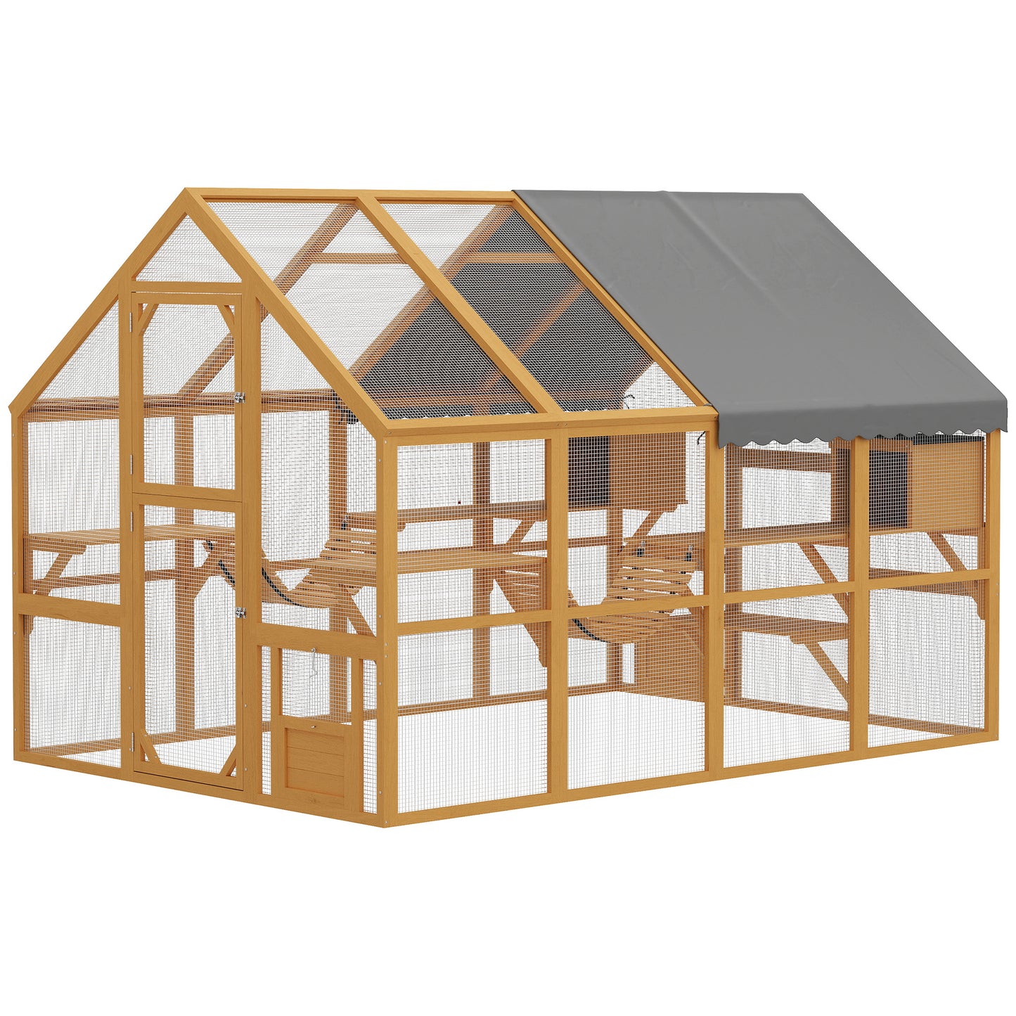 Large Wooden Outdoor Cat Enclosure with Waterproof Cover & 2 Condos