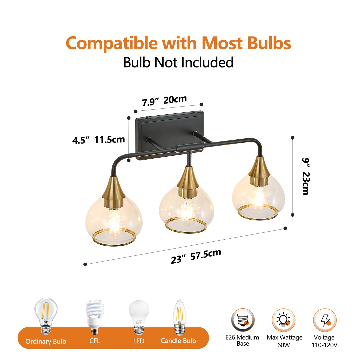 Modern 23in Black and Gold Wall Sconce with Clear Glass Shades - Vanity & Bathroom Light Fixture