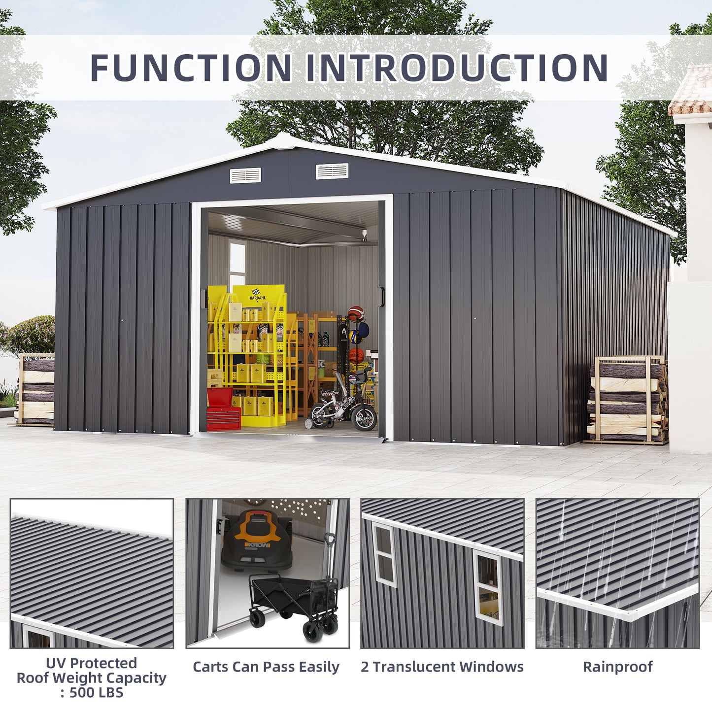 10x12ft Metal Storage Shed with Protective Film & Windows - Dark Gray