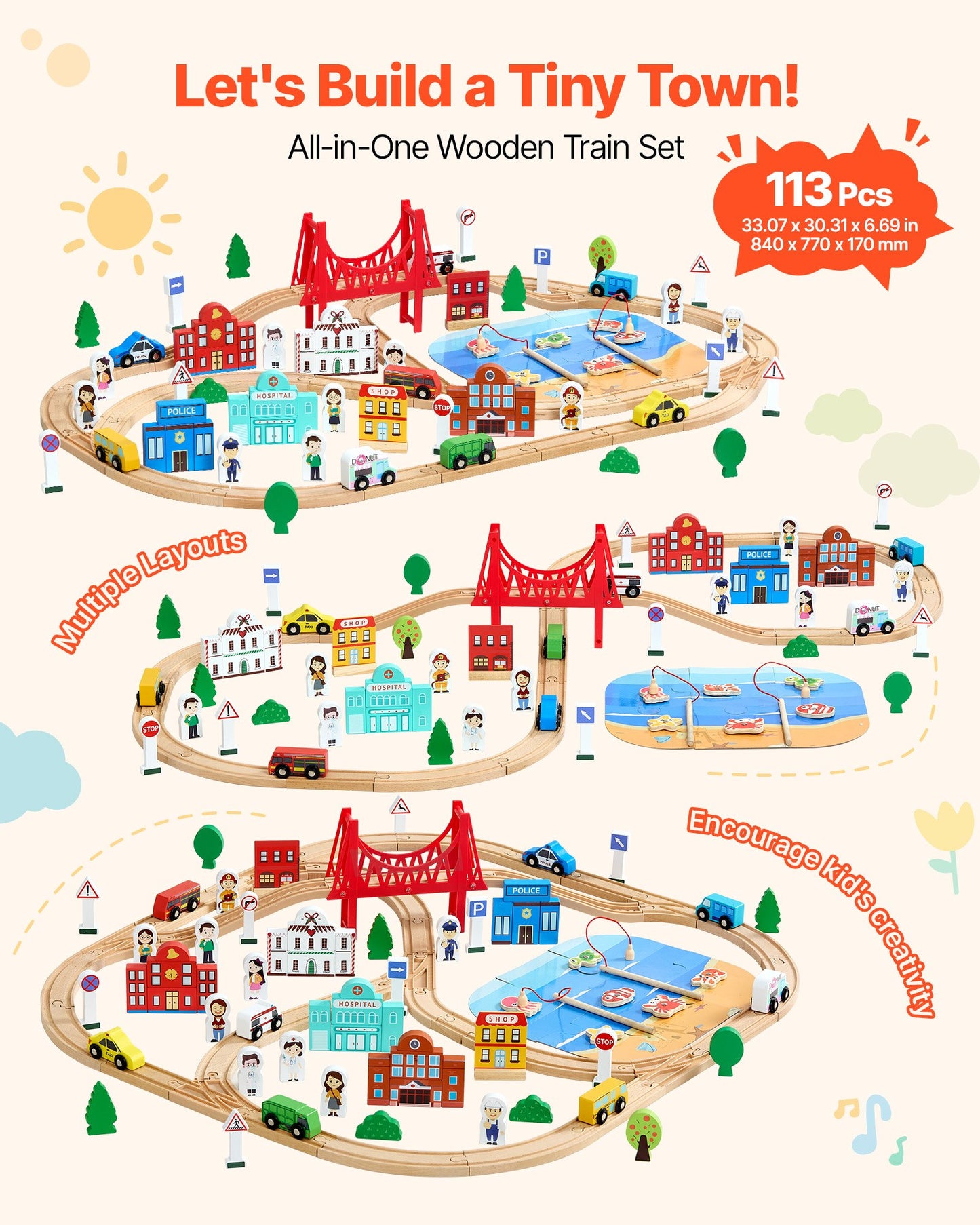 113-Piece Wooden Train Set with Storage Box - Toddler & Kids Play Railway