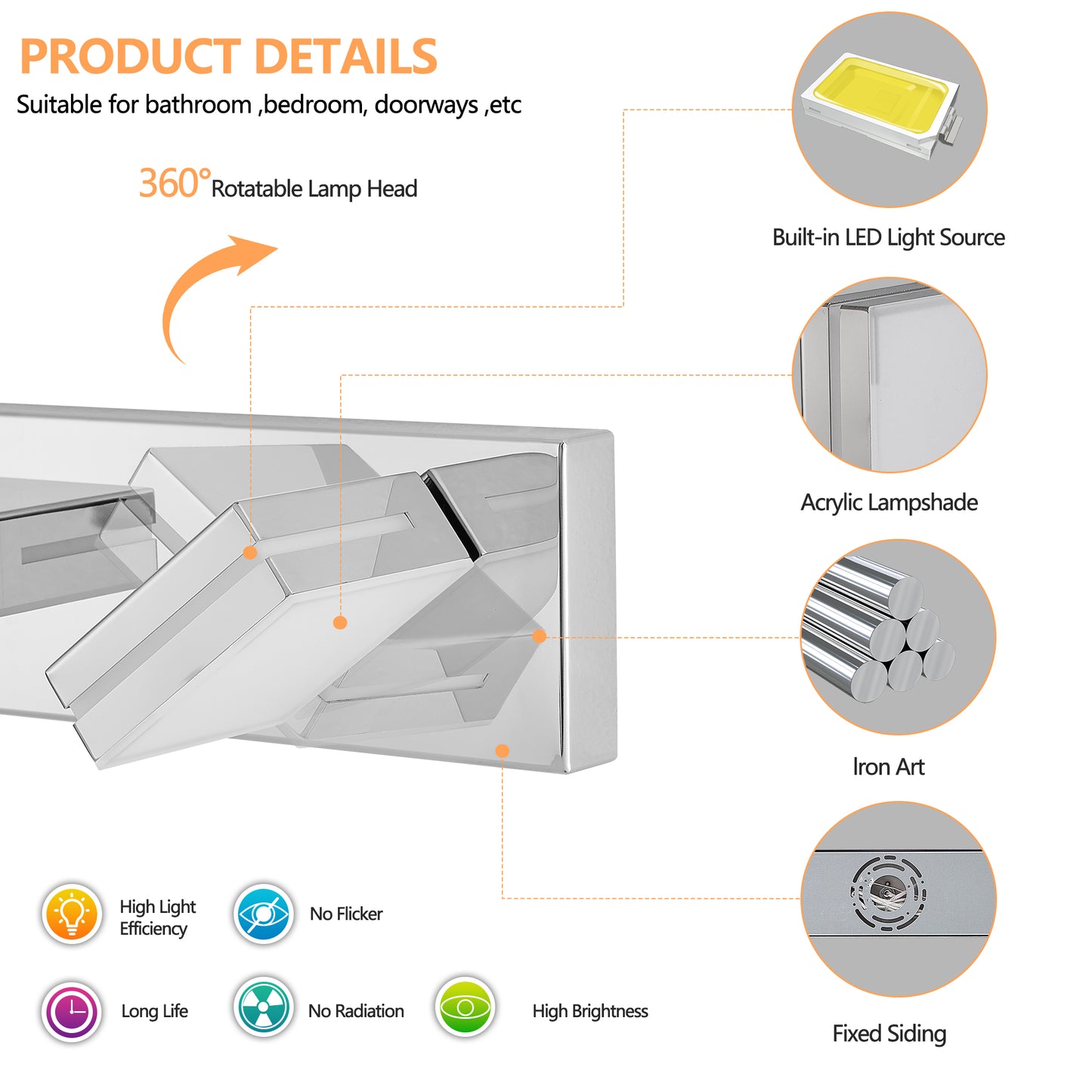 Modern Chrome LED Vanity Light - 6-Light Wall Sconce for Bathroom