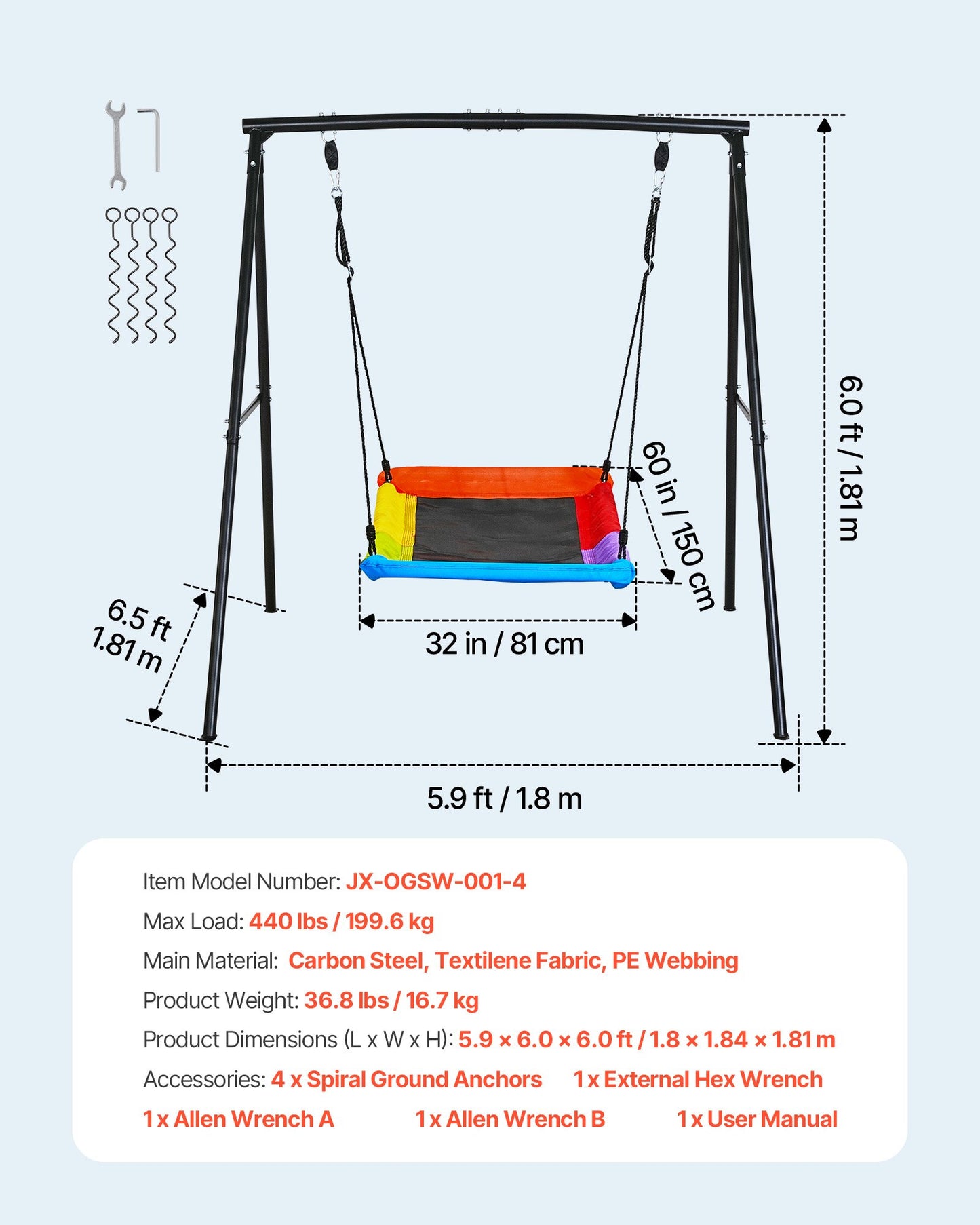 Heavy Duty Backyard Swing Set - 60x32 Inch Seat with Metal Frame & Ground Anchors - Black