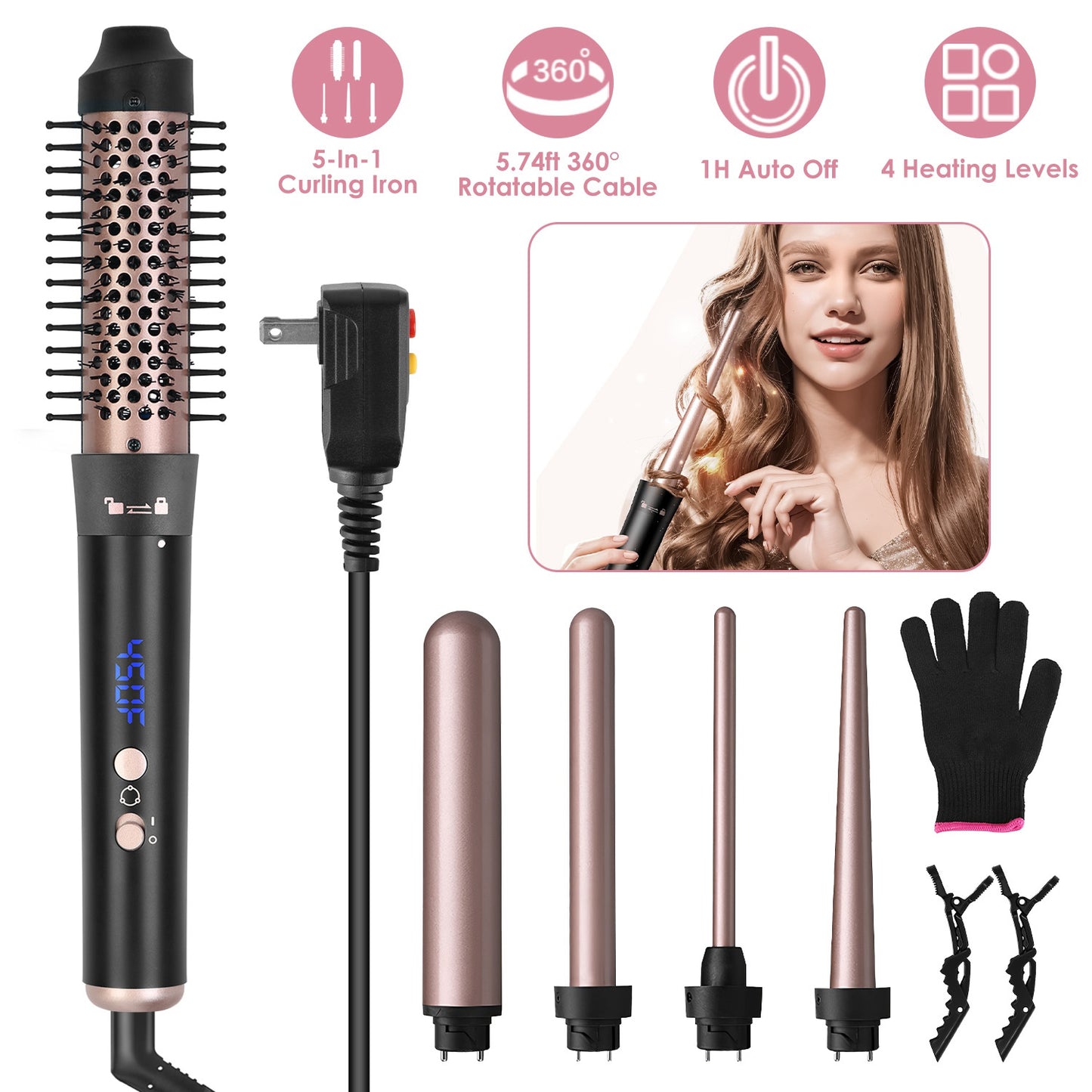 5-in-1 Curling Iron Wand Set with Interchangeable Barrels & Heat Control