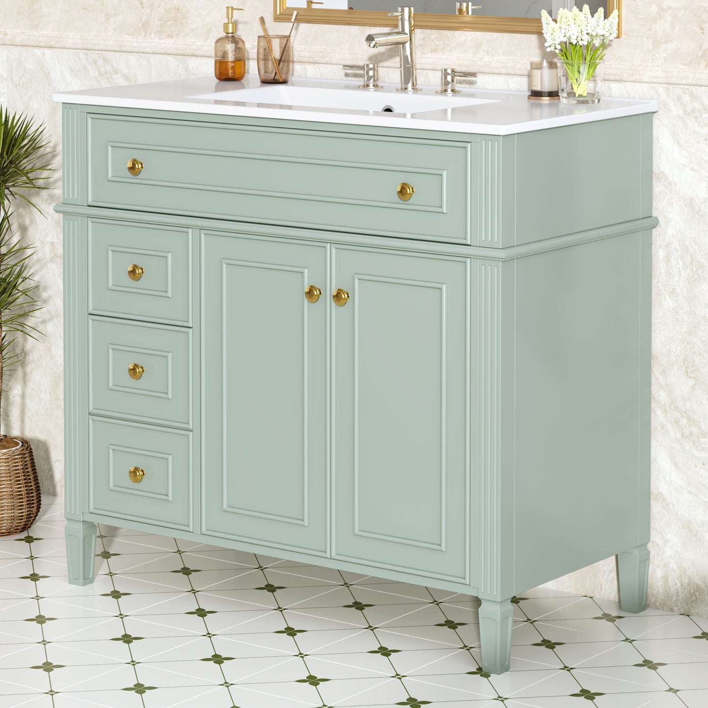 36-Inch Green Bathroom Vanity with Sink, 3 Drawers & Soft-Close Doors