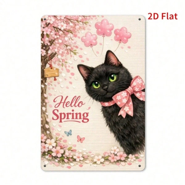 Cherry Blossom Black Cat Metal Wall Art Plaque - 20cm