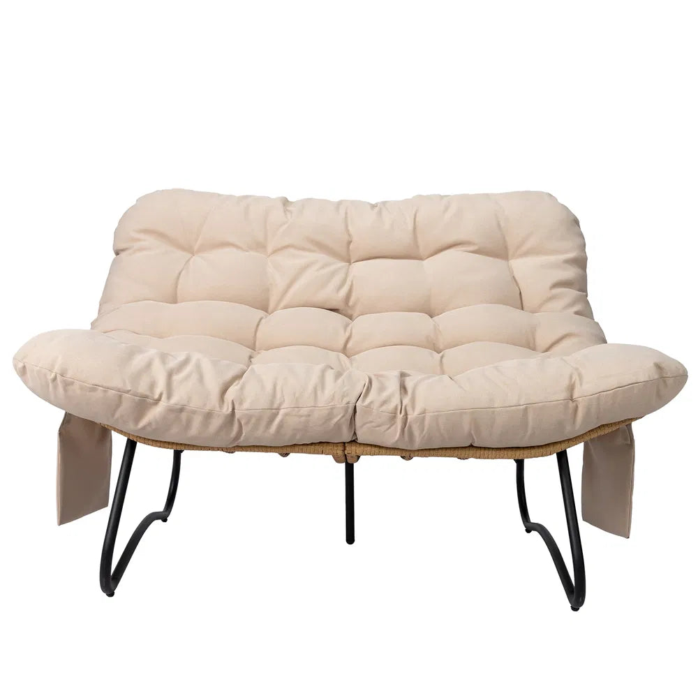 Curved Wicker Loveseat with Magazine Pockets & Beige Cushion