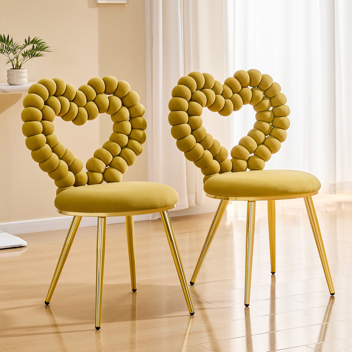 Set of 2 Heart Bubble Tufted Accent Chairs - Yellow Velvet