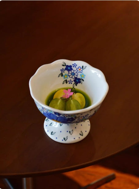 Hand-Painted Ceramic Ice Cream Cup - High-Stemmed, Forget-Me-Not Blue