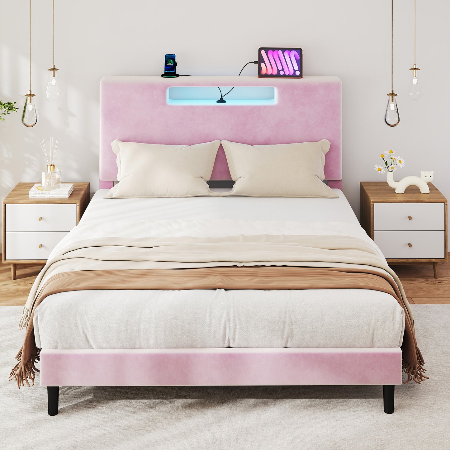 Queen Size Upholstered Bed Frame With High Headboard Adjustable LED
