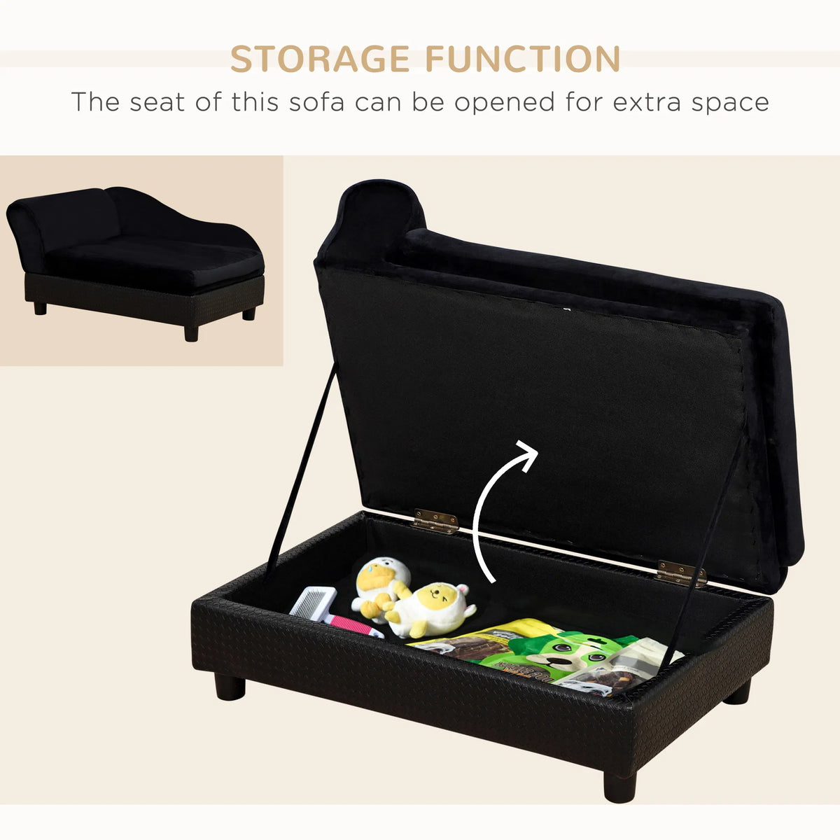Small Dog Bed with Hidden Storage and Foam Cushion - Modern Pet Sofa, Black