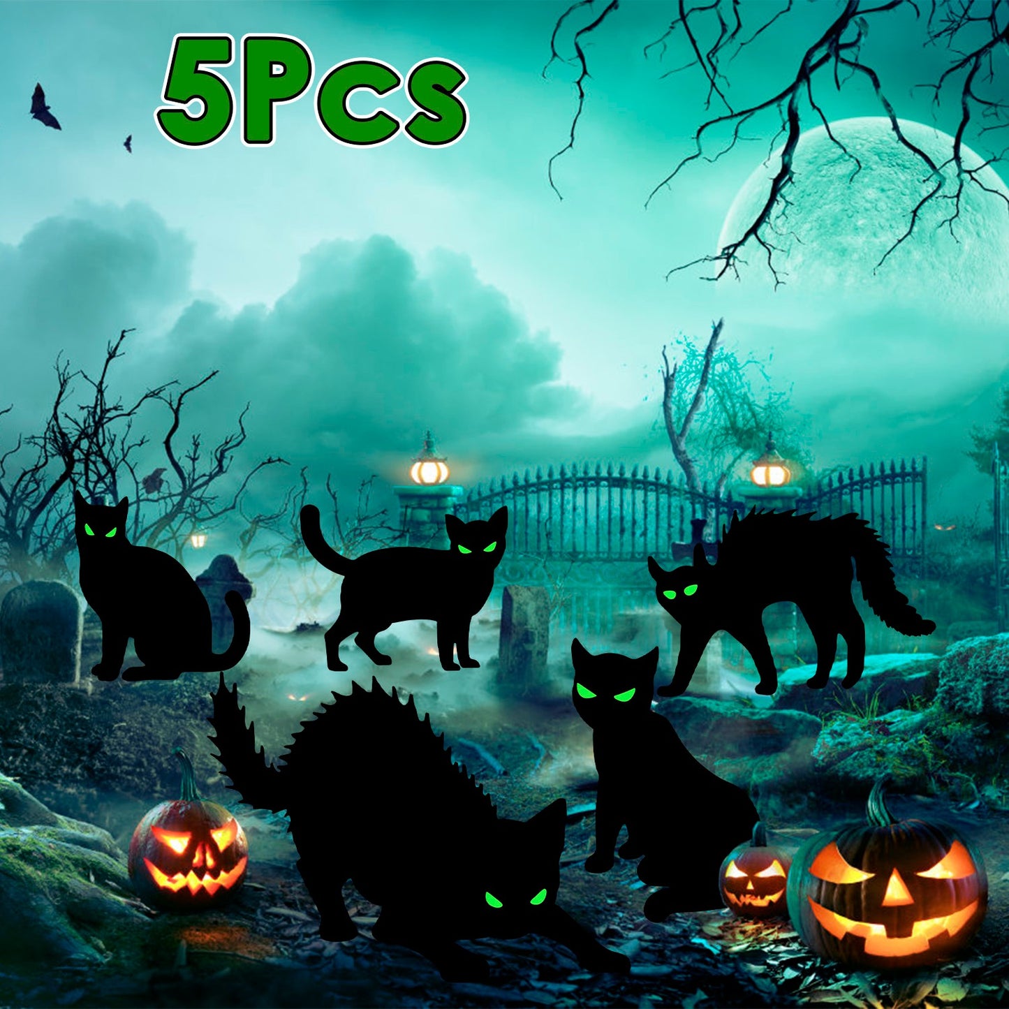 Glow In The Dark Halloween Yard Sign Set - 6 Pcs Skeleton & Cat