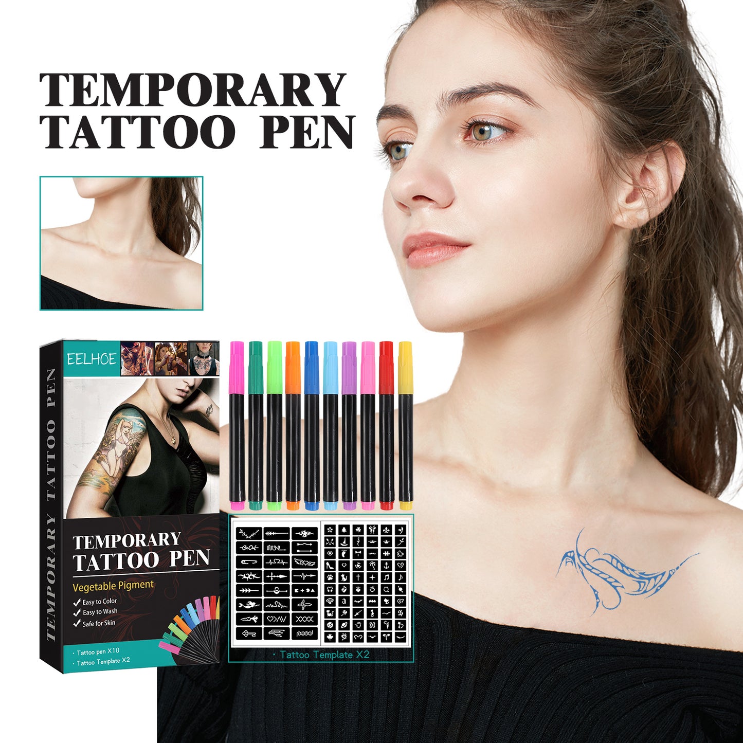 Temporary Tattoo Pen and Stencil Set for Skin Art DIY