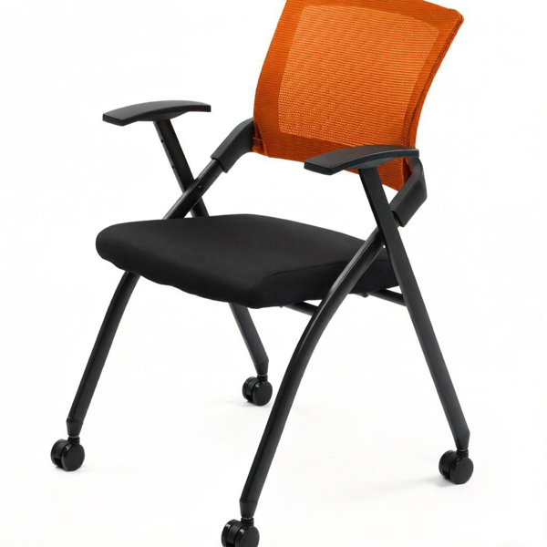 Stackable Folding Office Chair with Wheels - Ergonomic Padded Seat, 350lbs Capacity, Orange