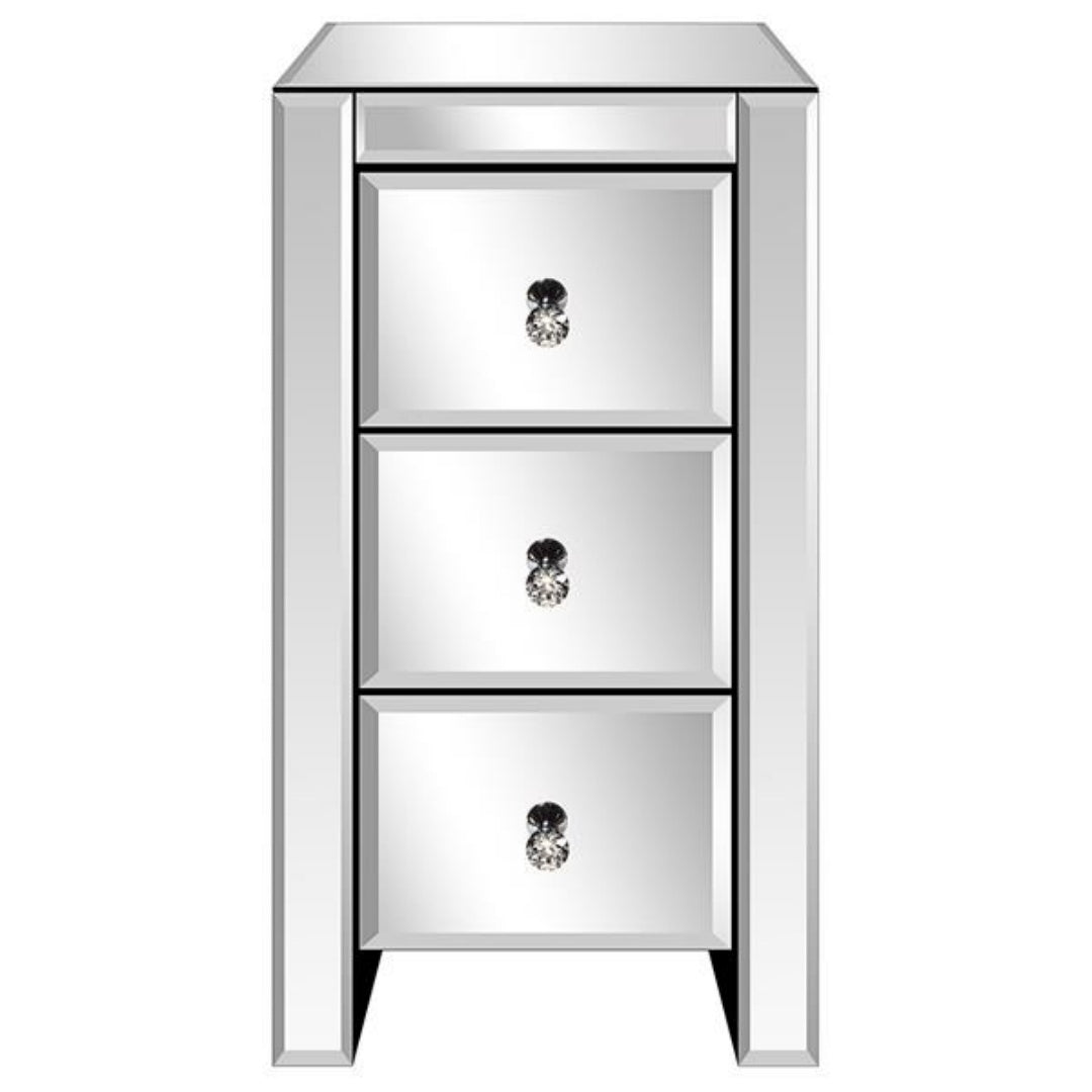 Mirrored Glass Bedside Table with 3 Drawers - Silver