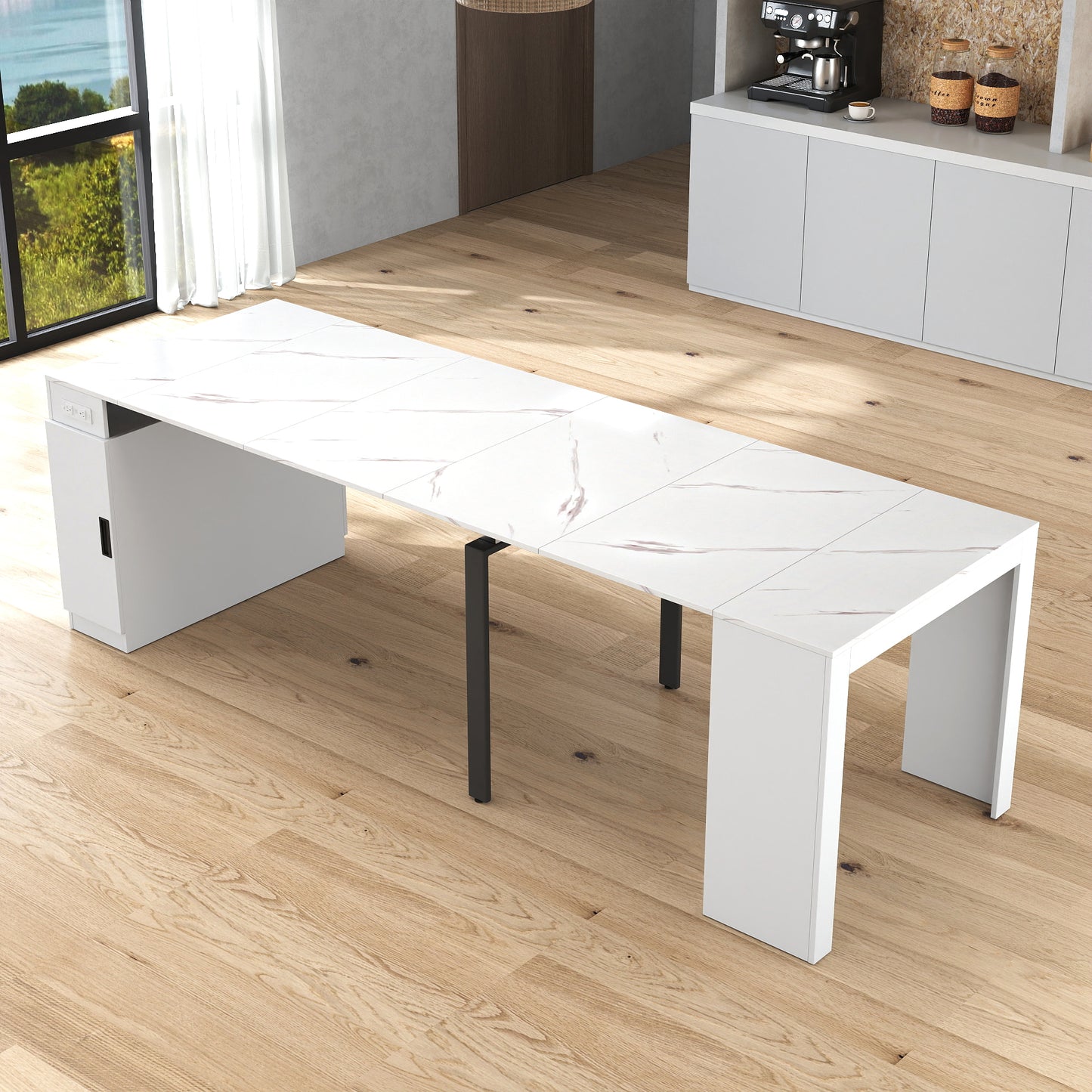 Extendable Dining Table with Outlet - Space-Saving White Design