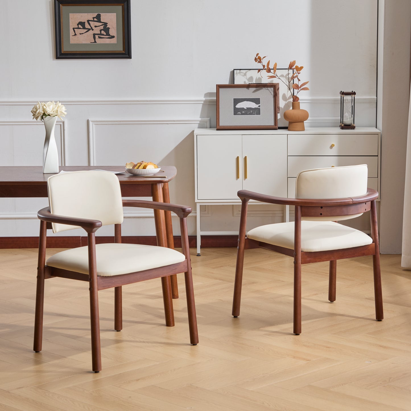 Sturdy Dining Room Chairs - Set of 2, Rubber Wood & PU Foam, Beige