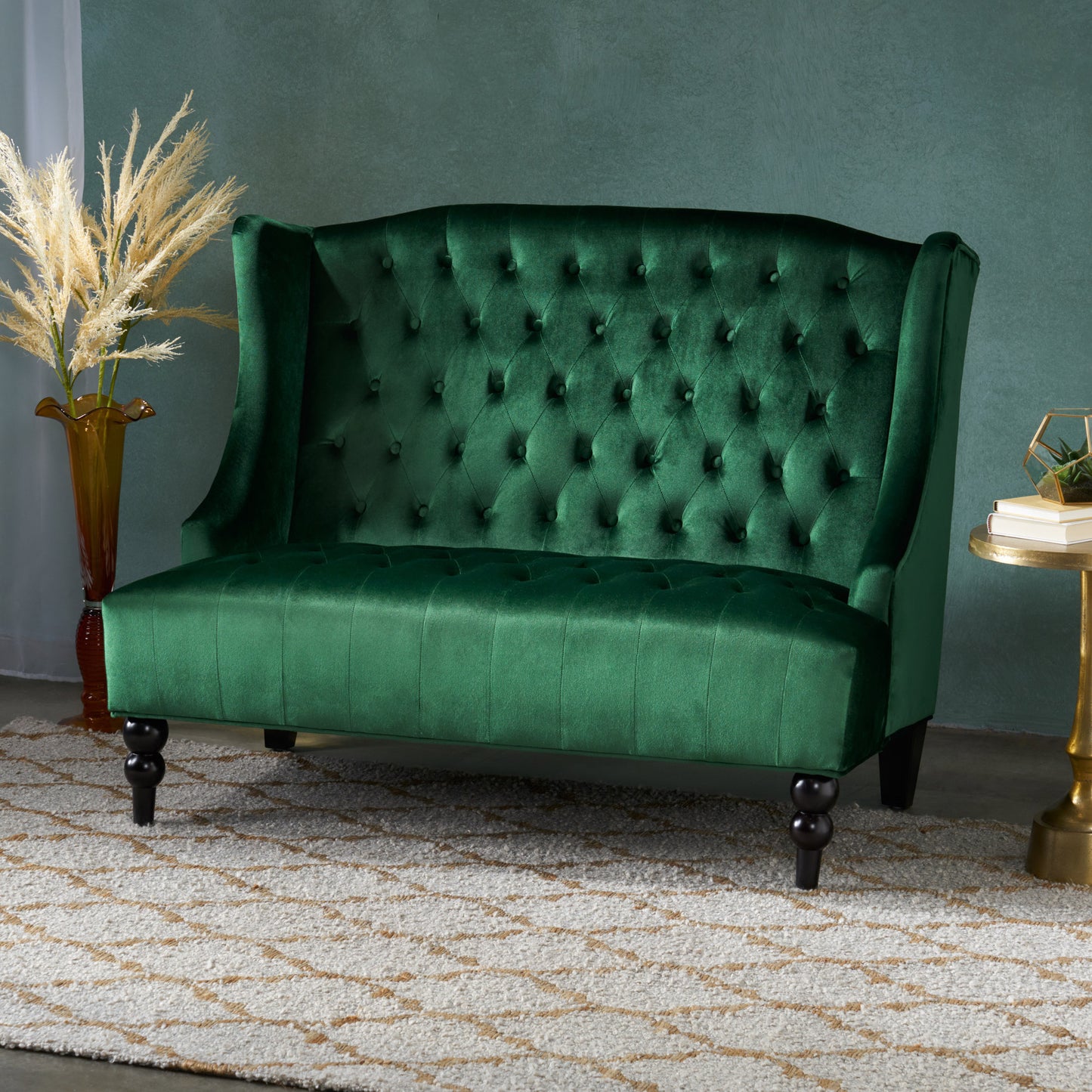 Emerald Velvet Loveseat with Wingback and Button-Tufted Design