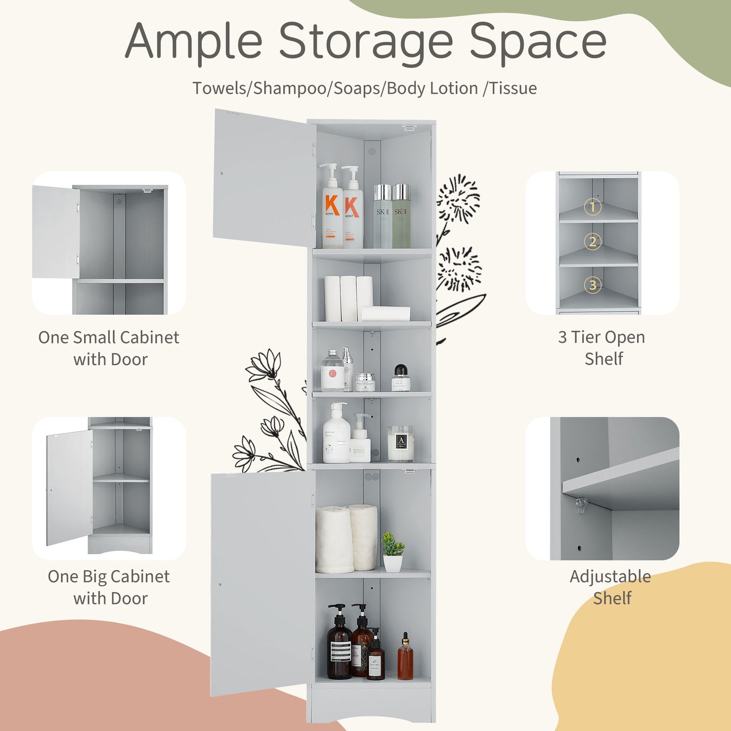 Tall Bathroom Storage Cabinet with Adjustable Shelves - Grey