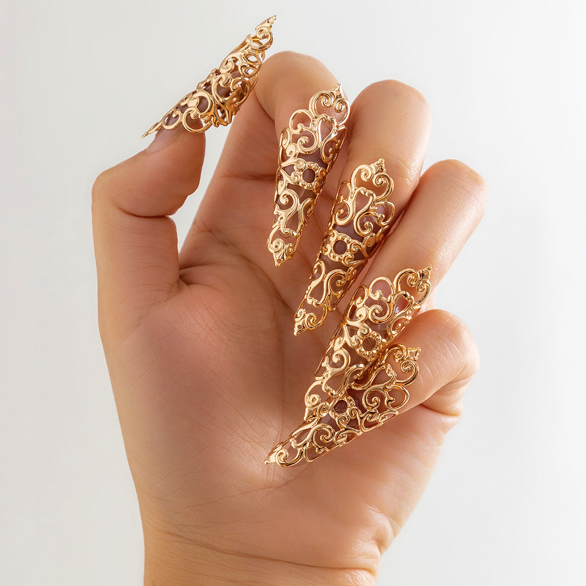 Gothic Style Hollow Tapered Fingernail Ring with Tassel and Geometric Design