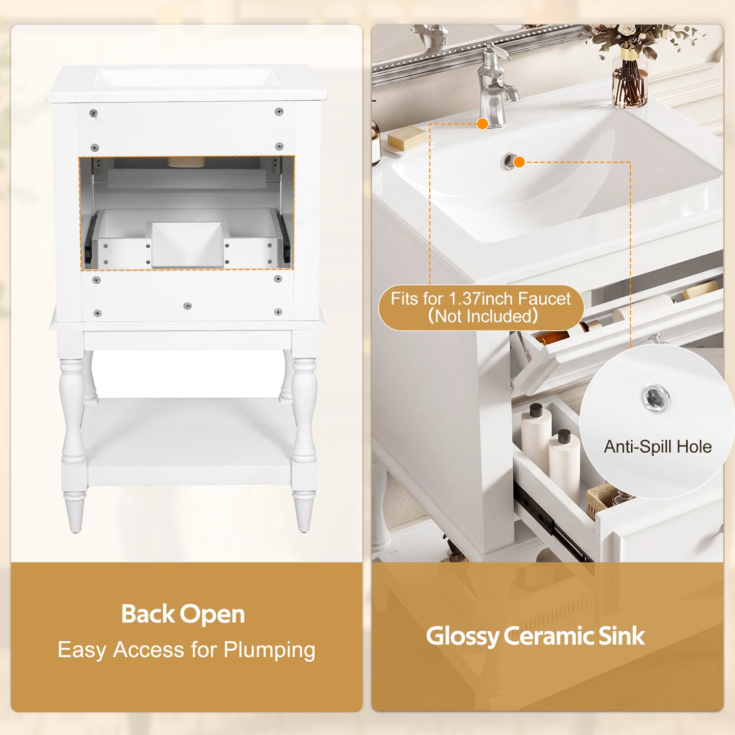 20'' White Bathroom Vanity with Ceramic Sink & Storage Cabinet