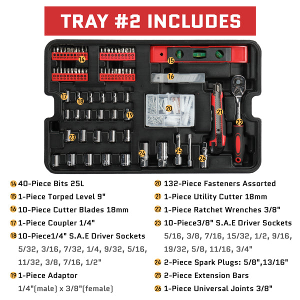 599-Piece Power Tool Set with 21V Cordless Drill and Rolling Toolbox