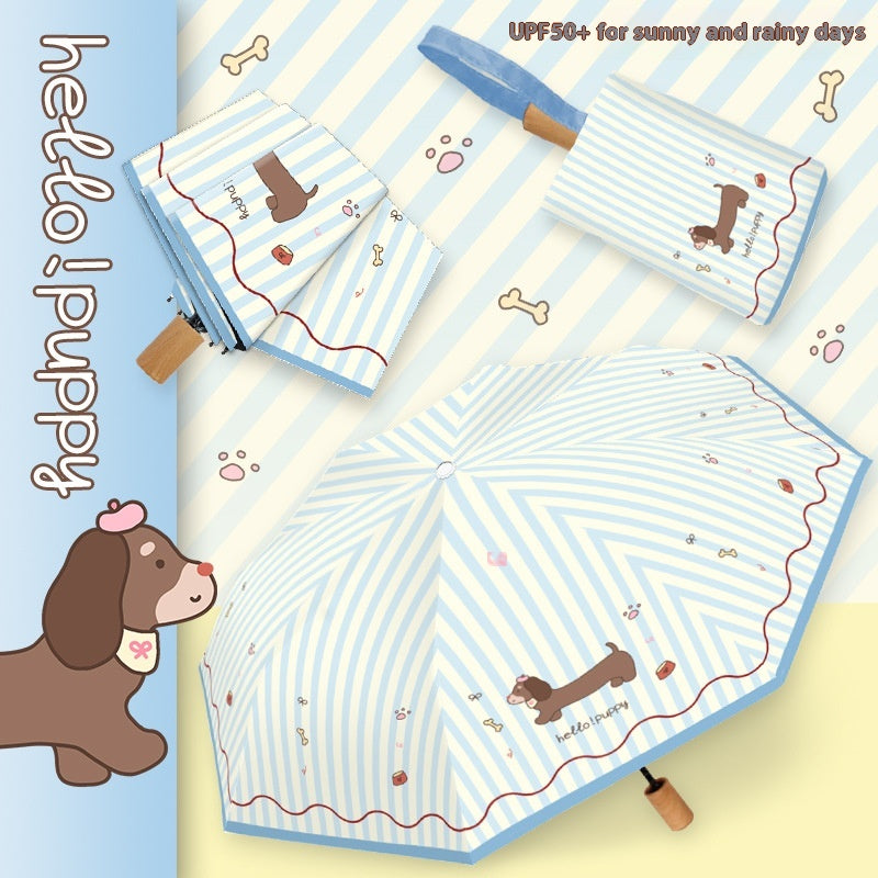 Triple Folding Sun Umbrella with Cartoon Sausage Dog Pattern - UV & Sunproof