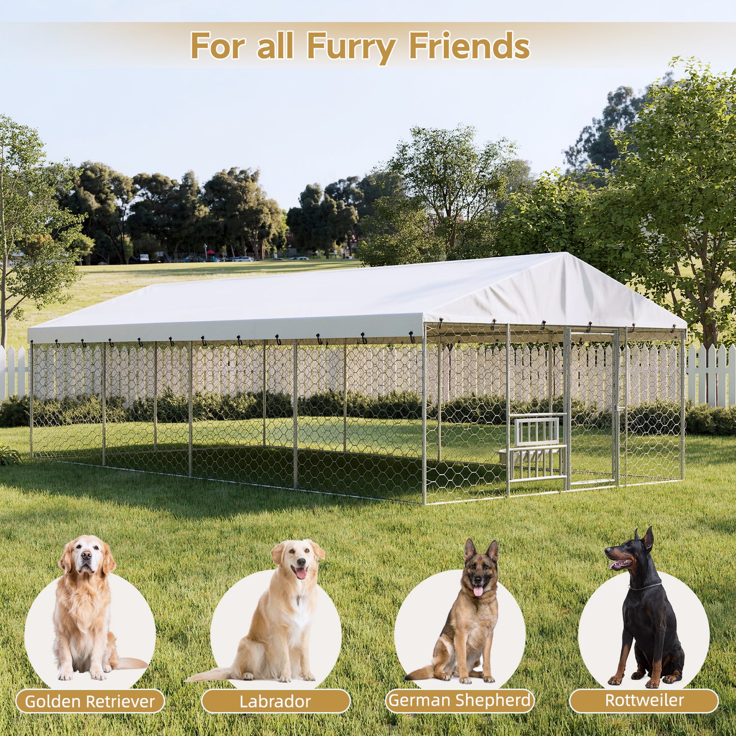 Large Outdoor Dog Kennel with Canopy - Heavy Duty Galvanized Steel Frame, Waterproof Cover, Elevated Feeders, Escape-Proof Locking Pet Run