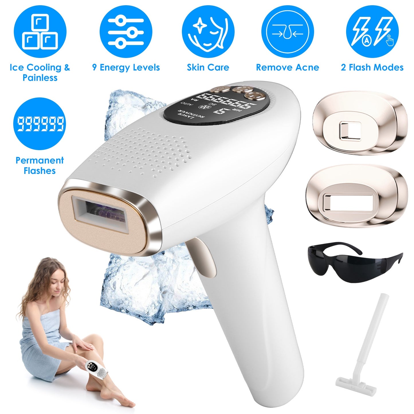 3-in-1 IPL Hair Removal Device with Ice Cooling, 9 Energy Levels & 999k Flashes