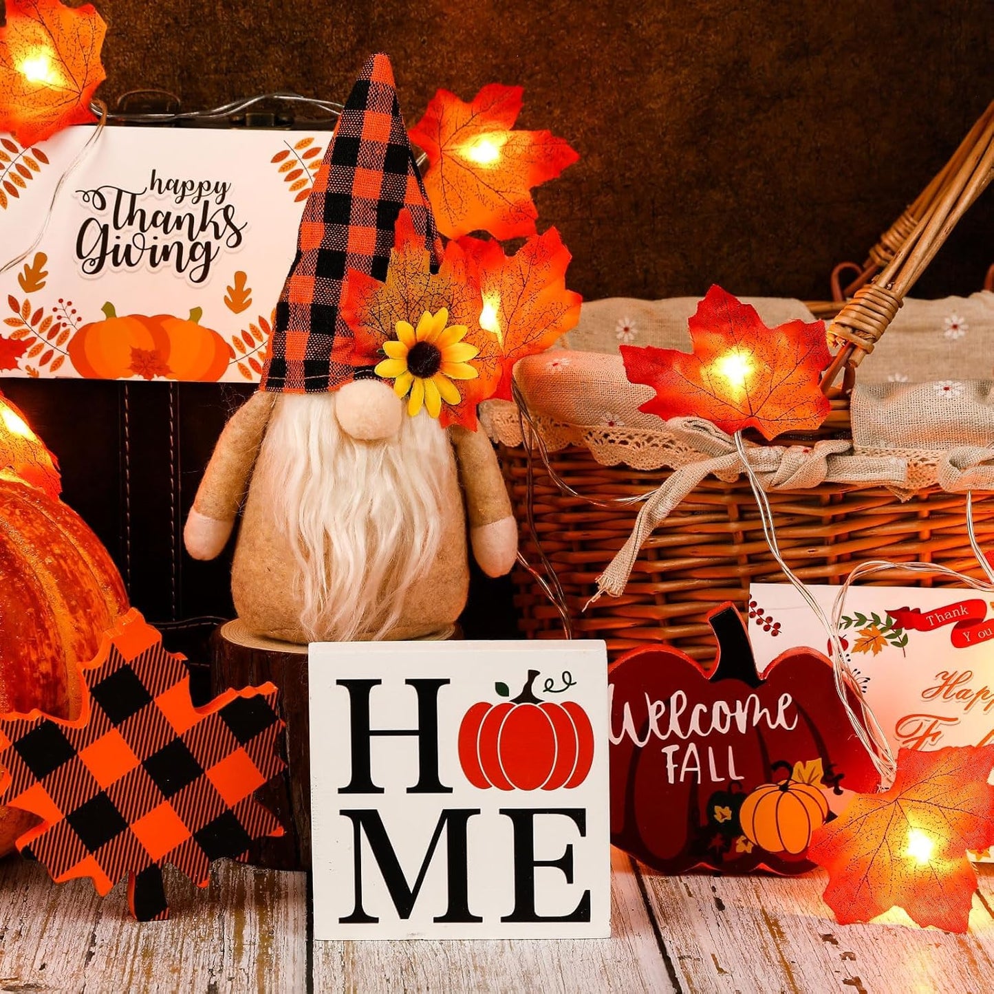 Autumn Gnome Tiered Tray Decor Set with LED Lights & Cards