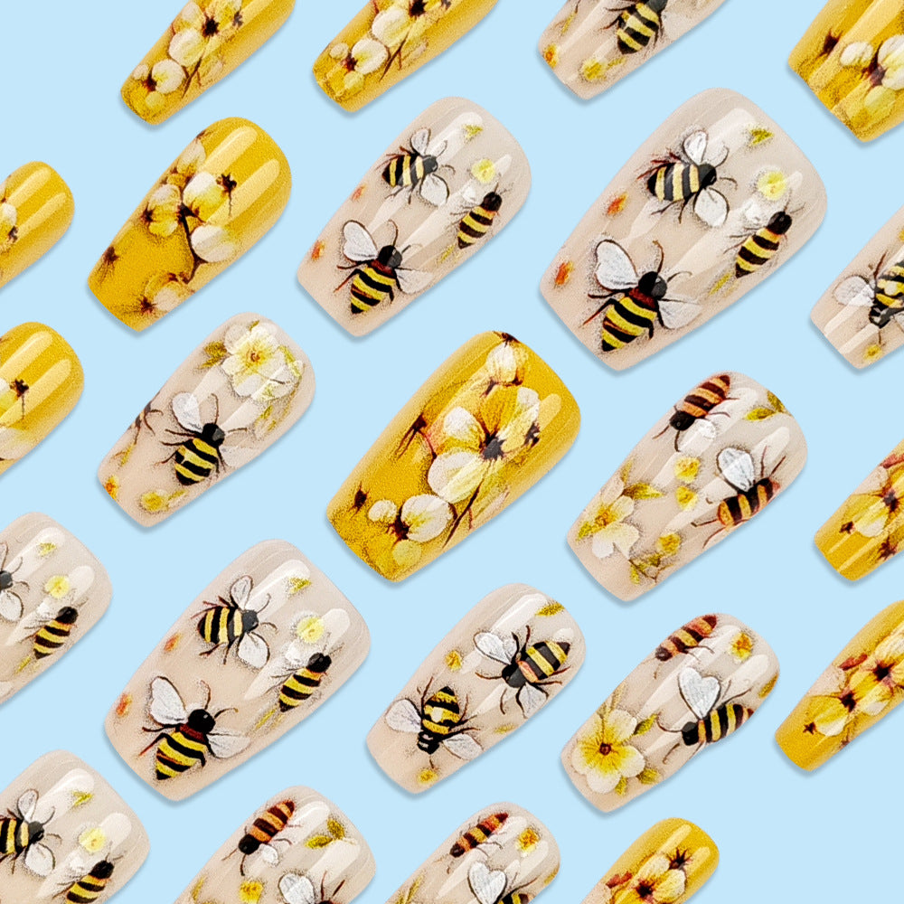 24-Piece Long Coffin-Shaped Fake Nail Set with Flower and Bee Designs