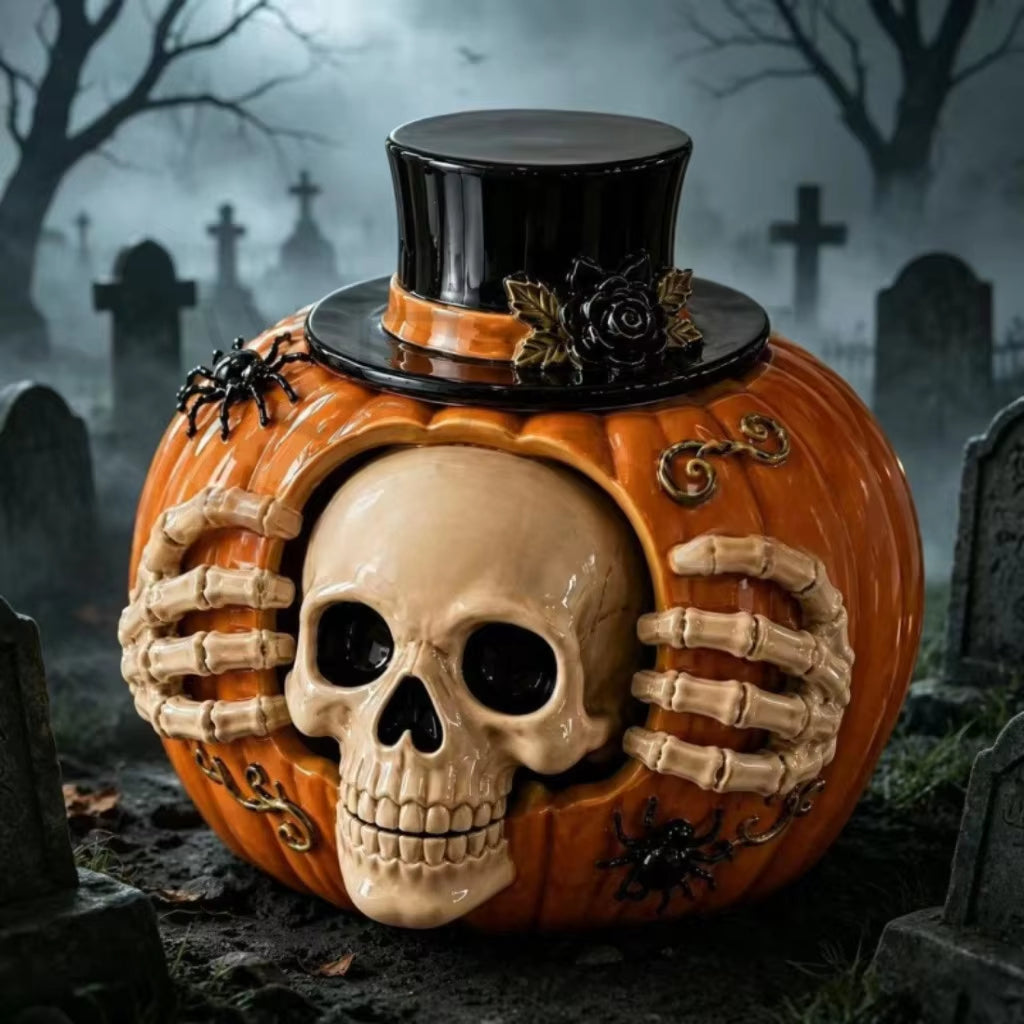 Halloween Skull and Pumpkin Candy Jar - Orange Resin Home Storage