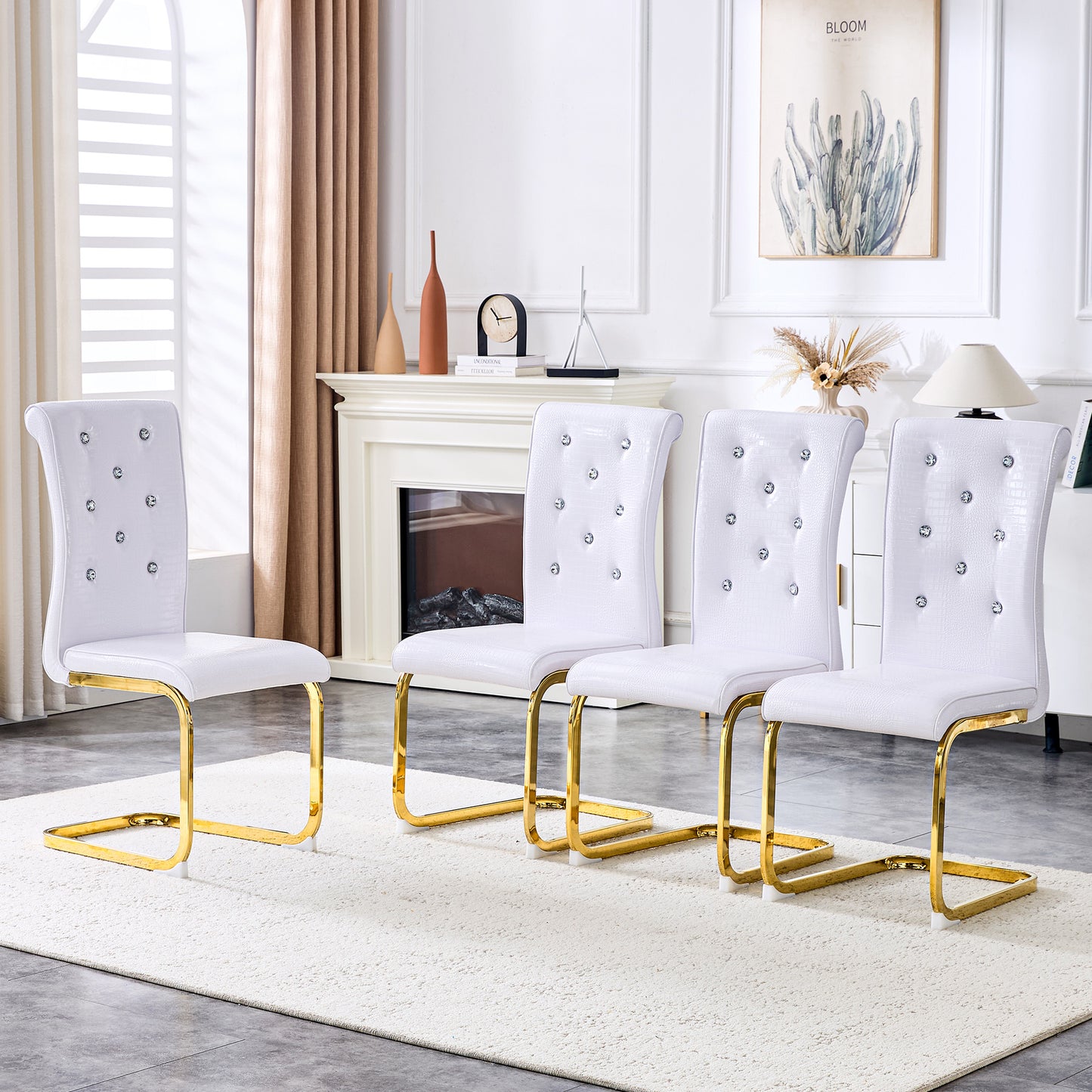 Set Of 4,Retro Alligator Skin Upholstered Dining Chairs,with Crystal