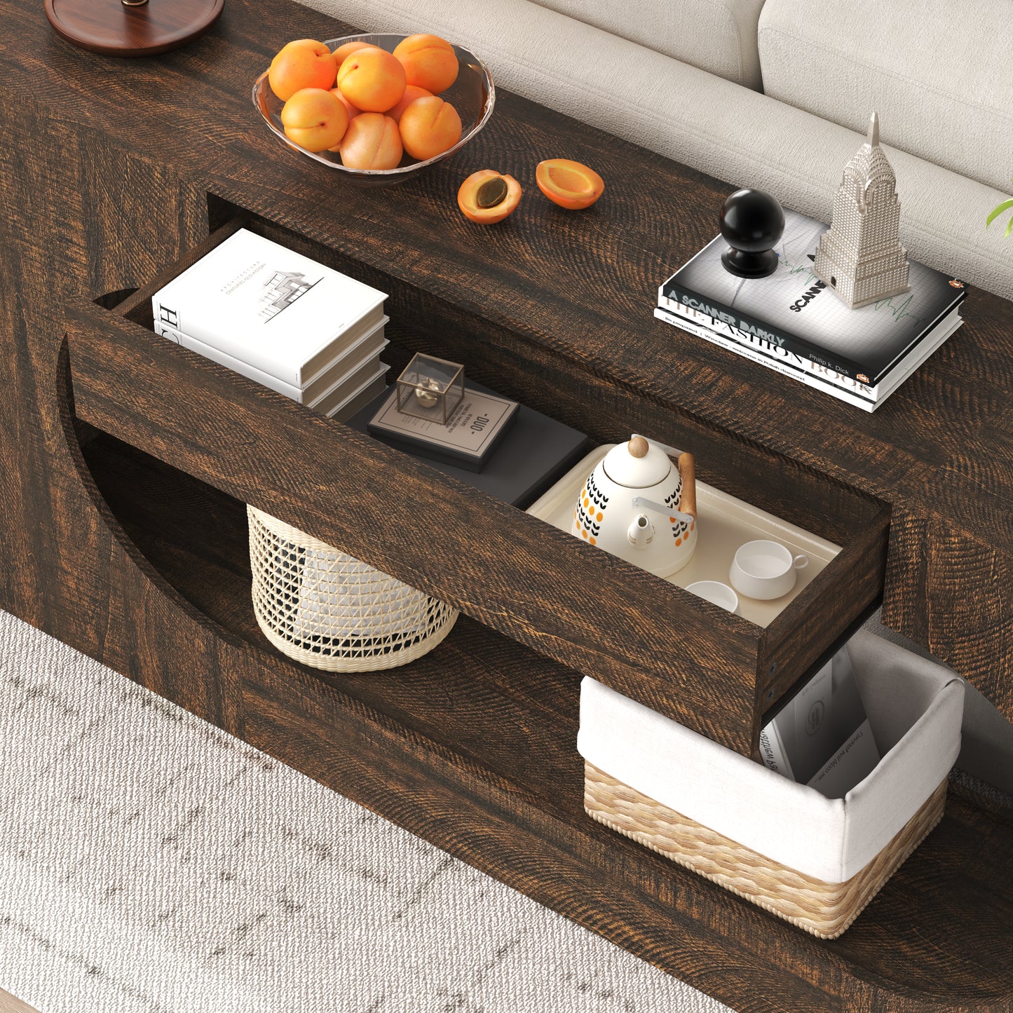 Narrow Walnut Wood Grain Console Table with Drawer - 63"