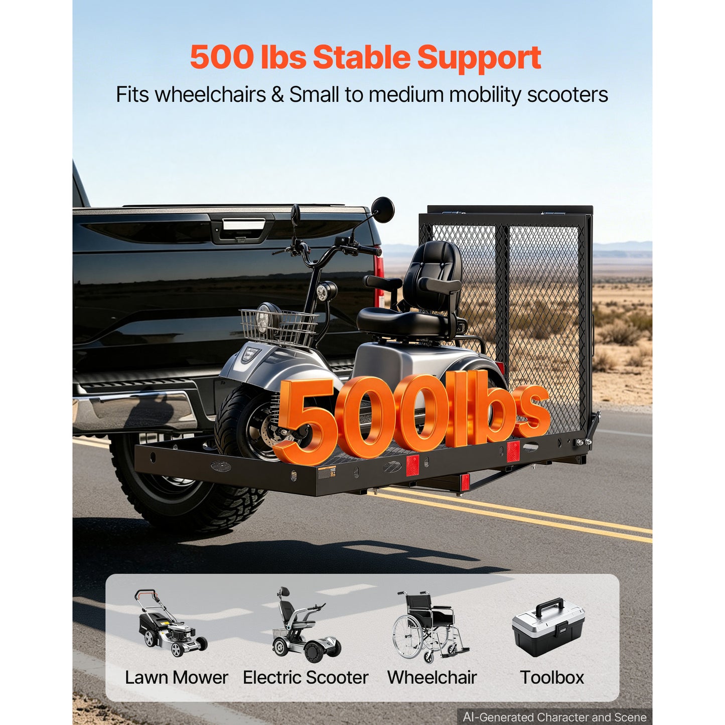 Wheelchair Carrier Hitch Mount 500LBS Steel Cargo Rack with Ramp & Stabilizer