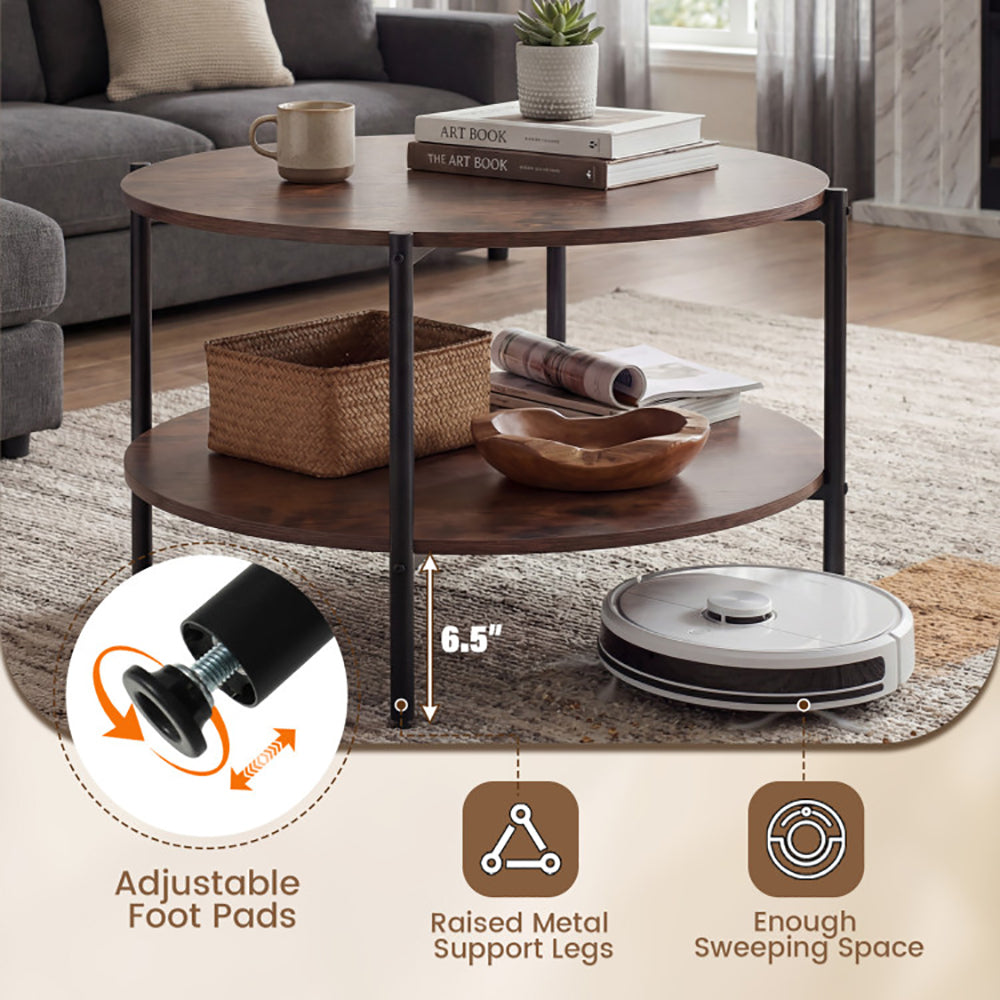 Round Coffee Table 2-Tier Industrial Accent With Open Storage Shelf