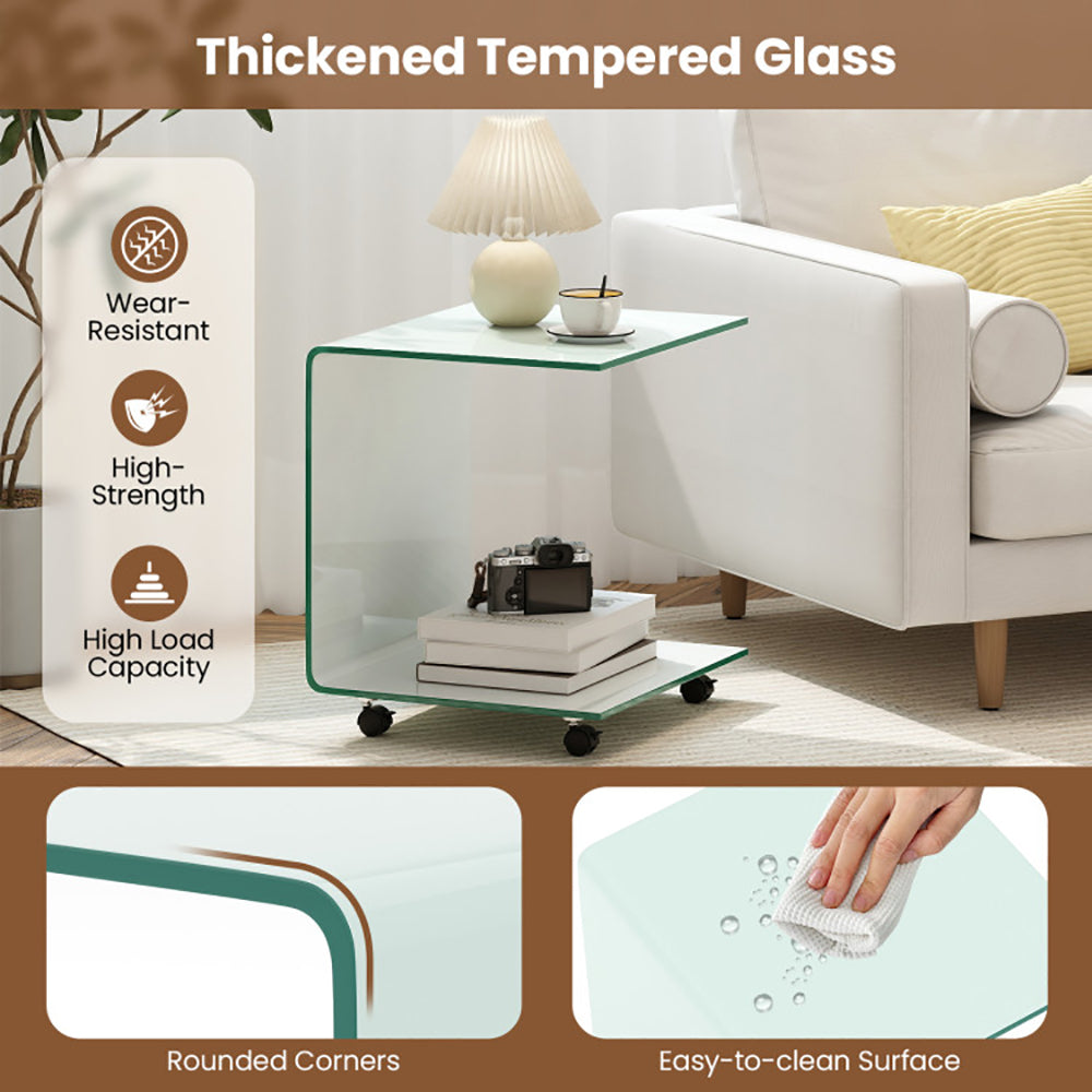 C Shaped End Table Modern Tempered Glass Side With Shelf 4 Swivel