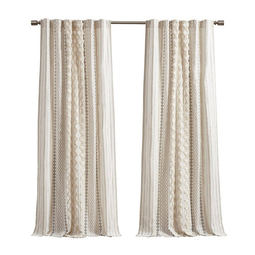 Ivory Cotton Printed Curtain Panel with Chenille Stripe - 50x84