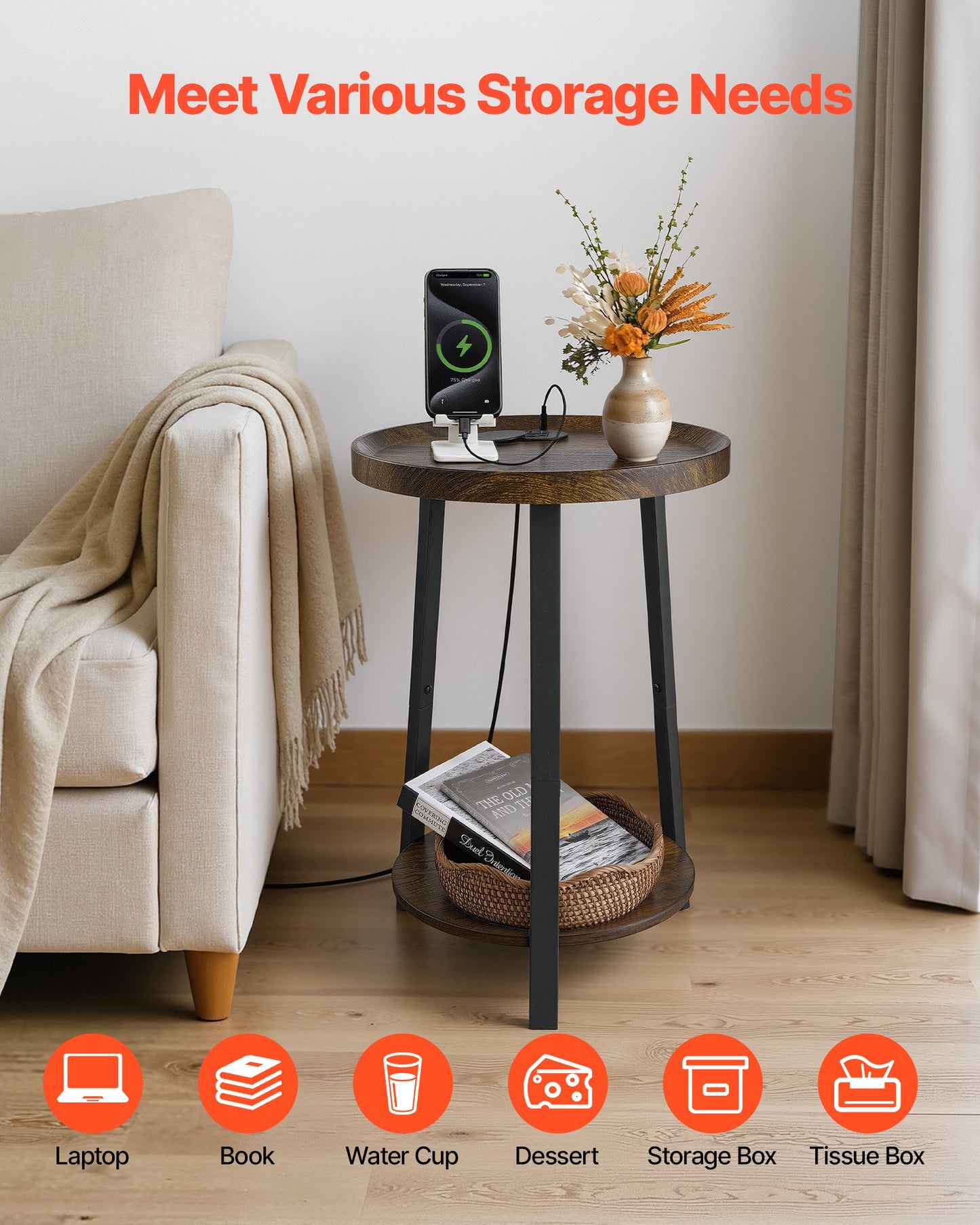 2-Tier Round Side Table with USB & AC Charging Port - Modern Nightstand for Living Room & Bedroom