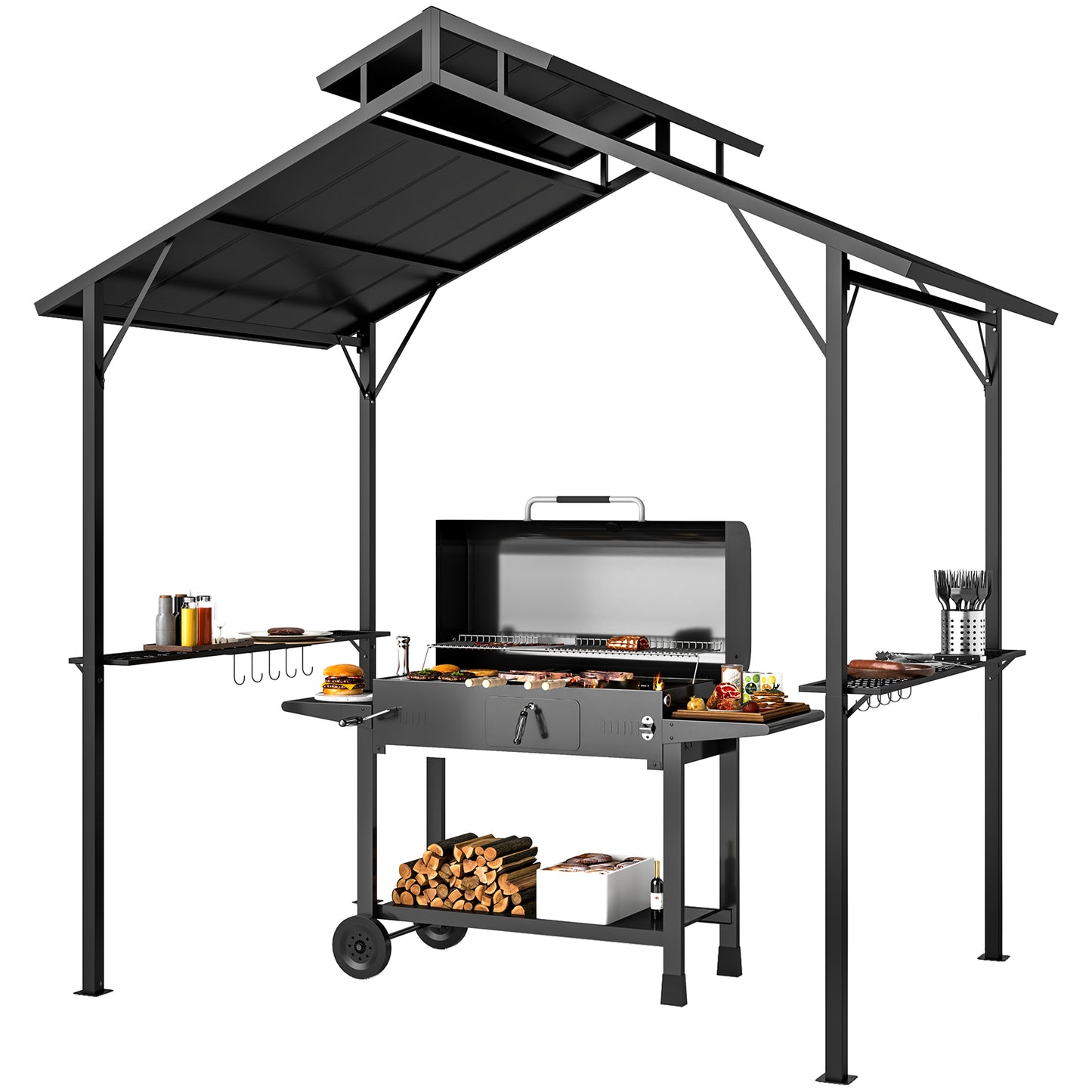 5x8ft Hardtop Grill Gazebo with Double Metal Roof & Shelves