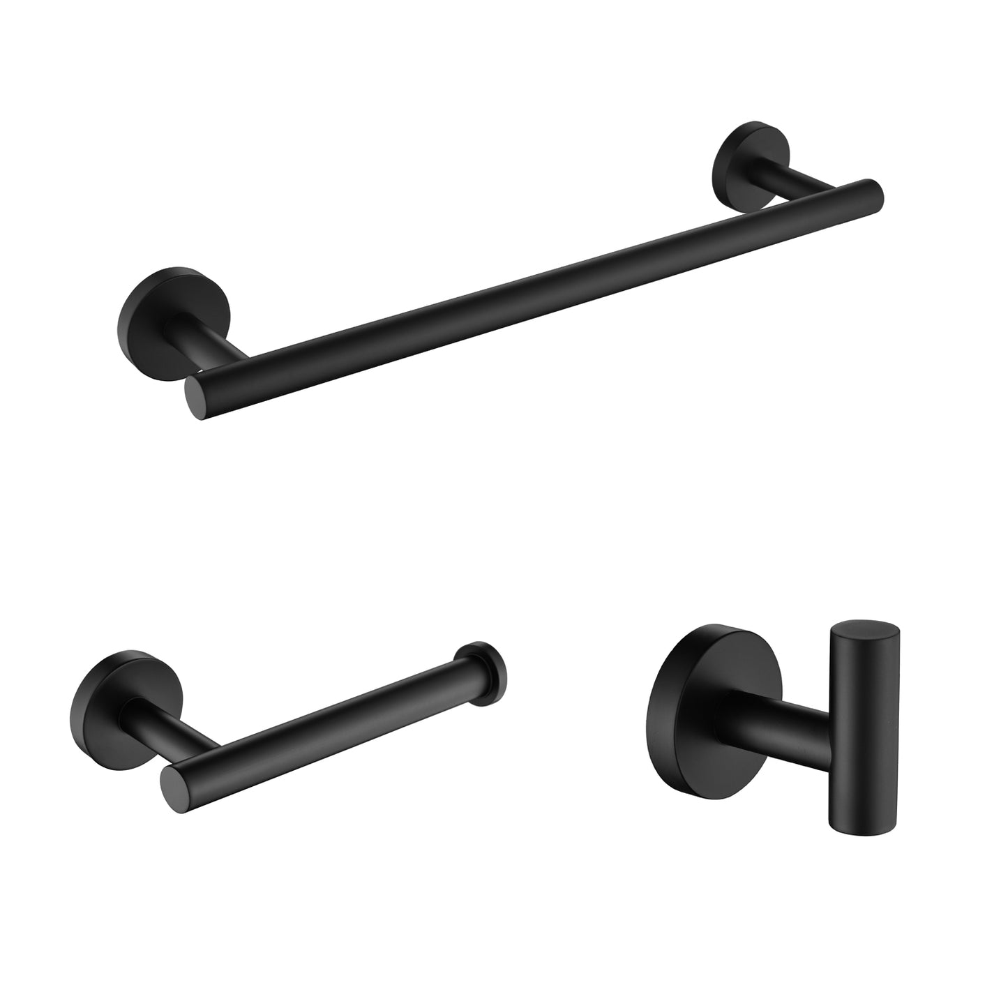 3-Piece Bathroom Hardware Set - Towel Bar, Toilet Paper Holder, Robe Hooks - Matte Black