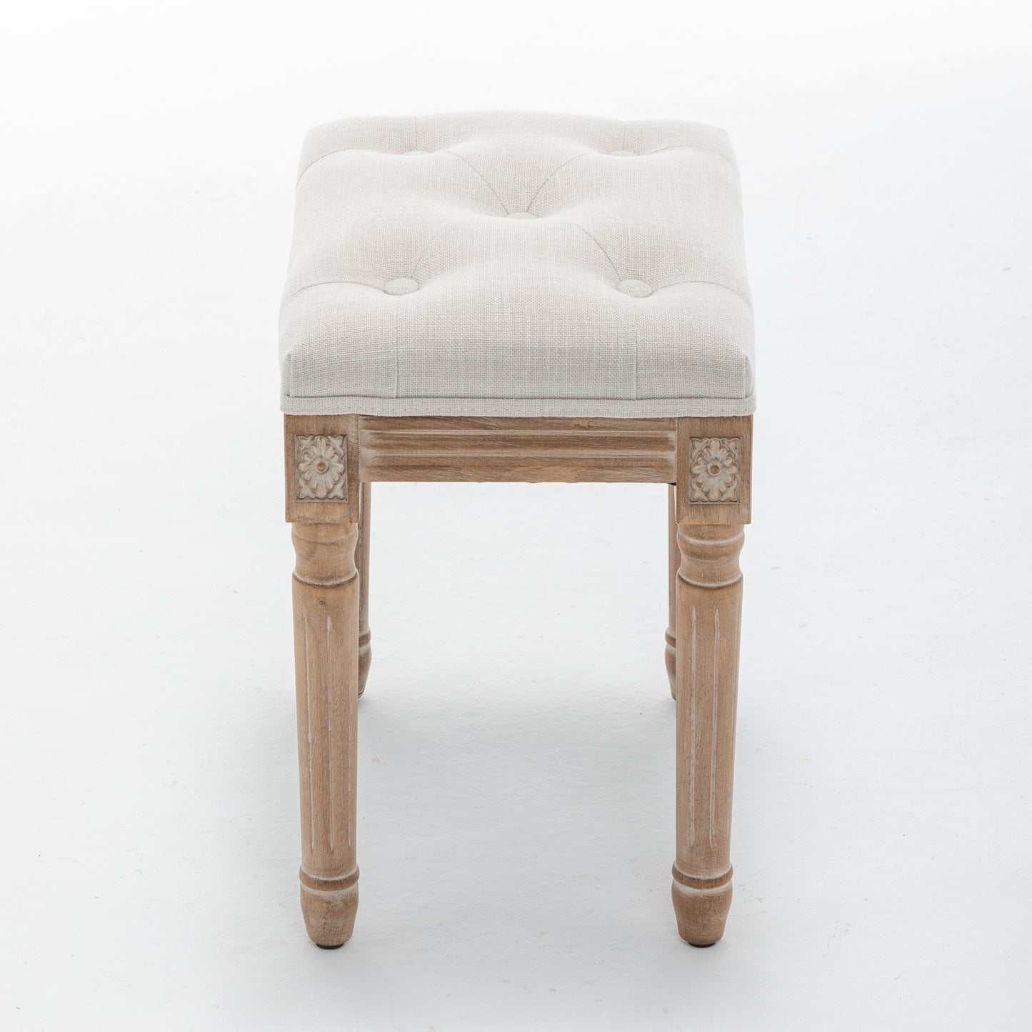 Tufted Vanity Stool with Linen Upholstery and Solid Wood Legs - Beige
