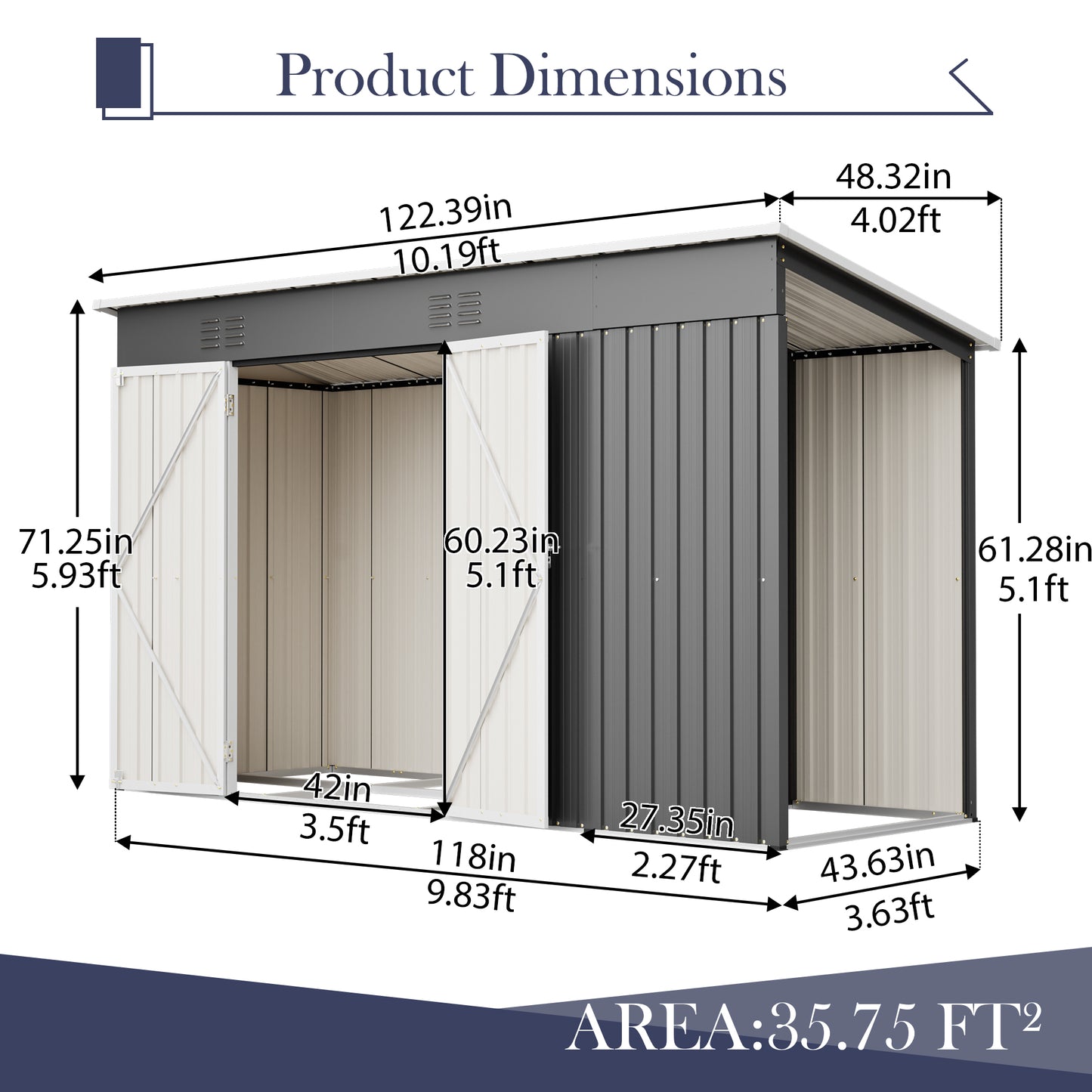 10' x 4' Outdoor Metal Storage Shed with Lockable Door - Gray