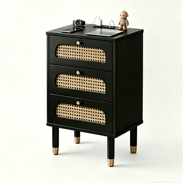 3-Drawer Nightstand with Rattan Fronts and Power Outlet - Black