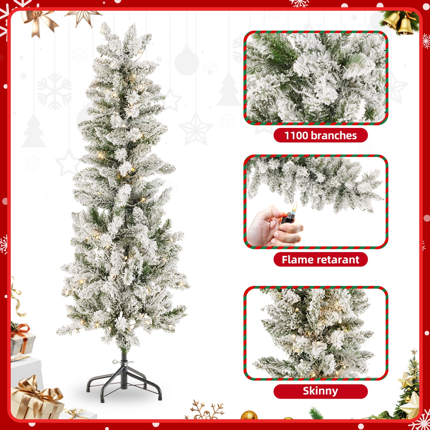 Prelit Slim Christmas Tree with 250 LED Lights & Foldable Base