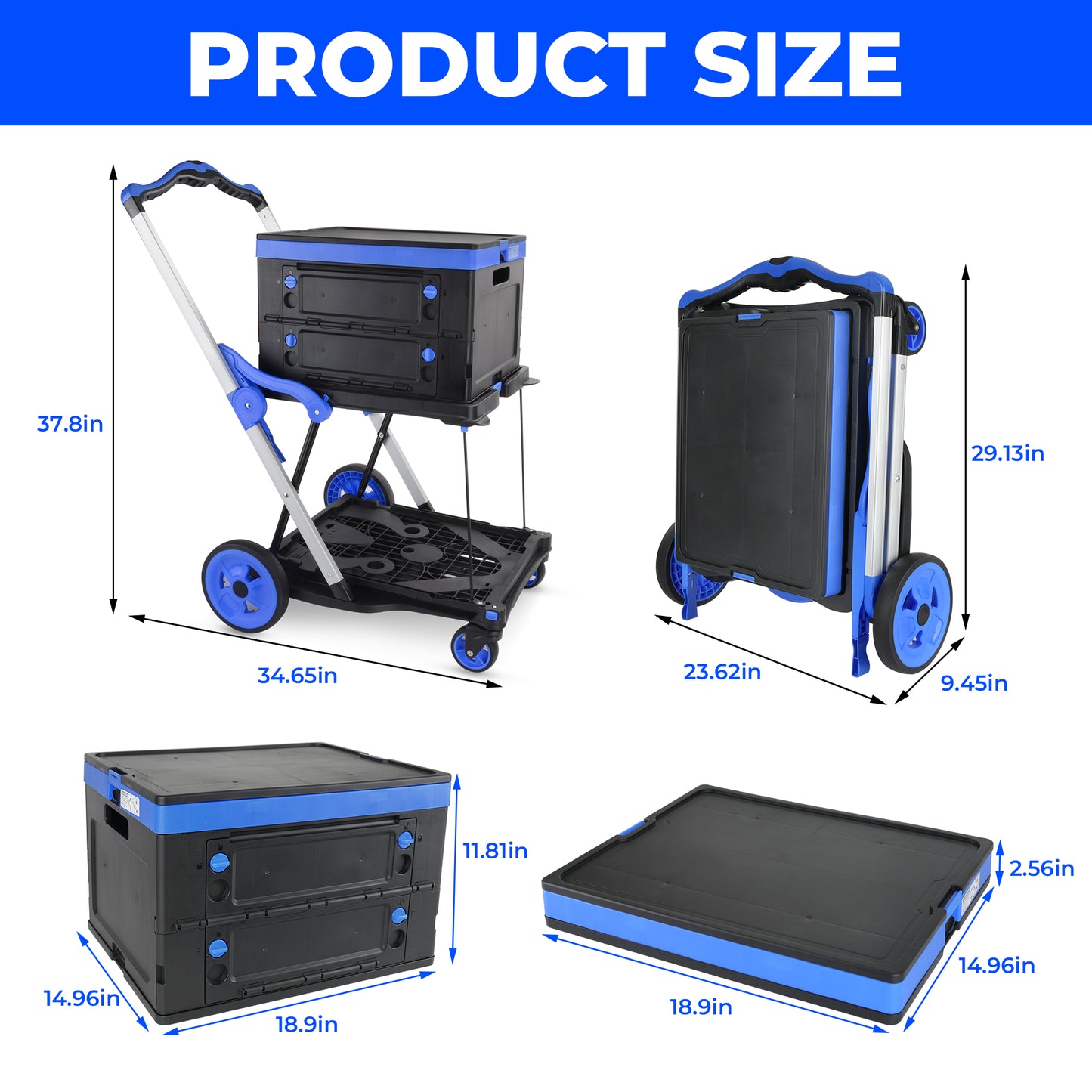 Collapsible 2-Tier Shopping Cart with Storage Crate - Blue
