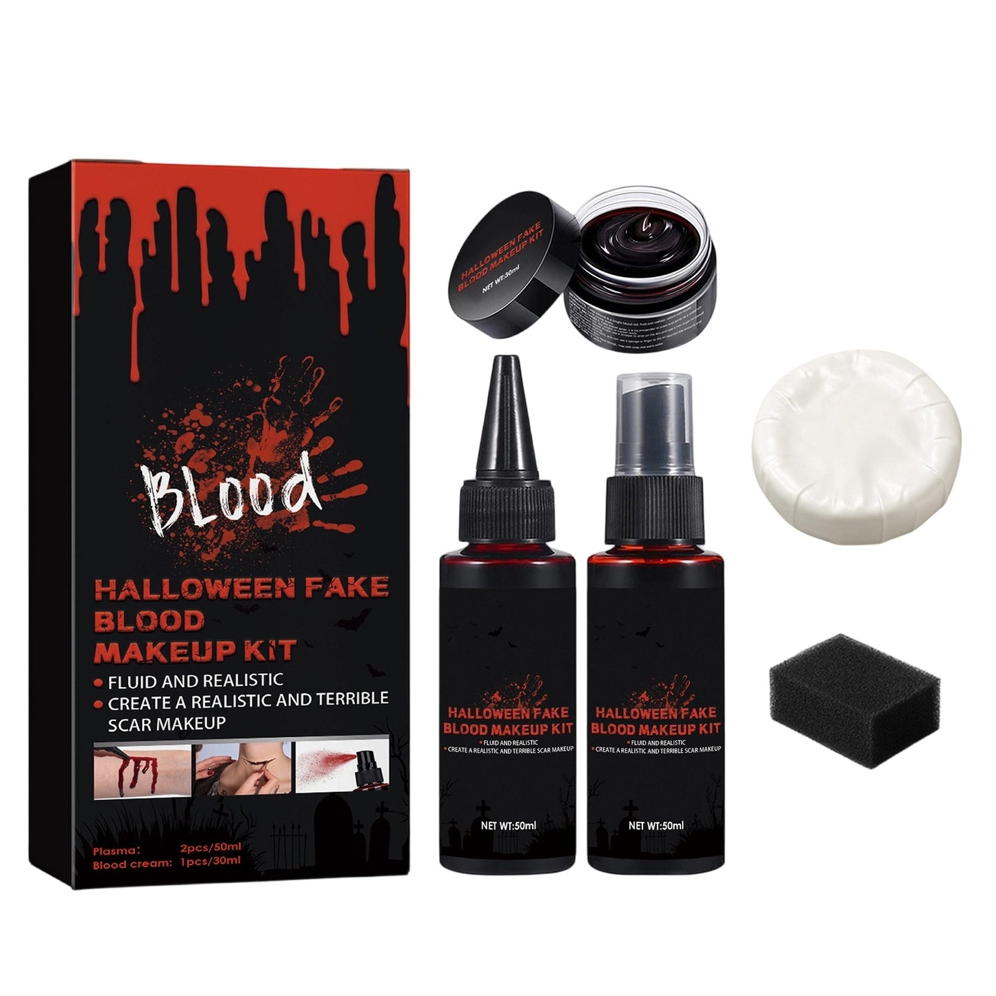Halloween Fake Blood Makeup Kit with Spray, Cream & Accessories