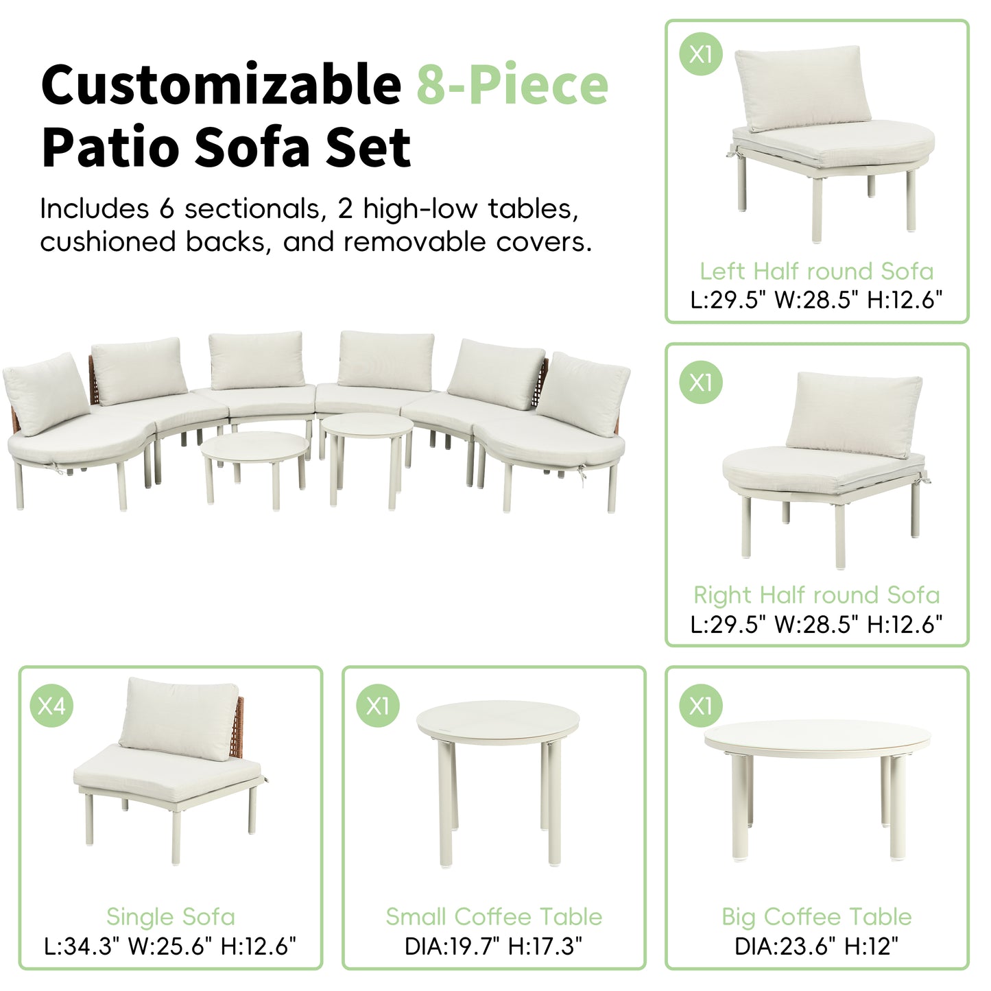 8-Piece Half Moon Outdoor Sectional Sofa Set with Coffee Tables - Beige