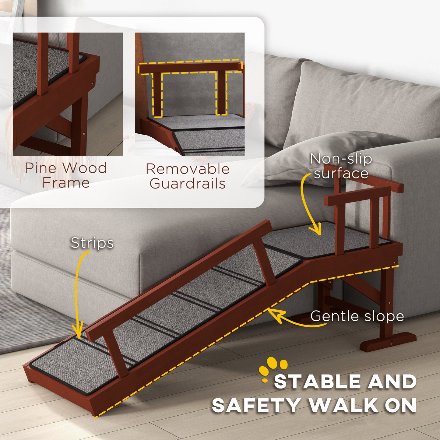 Wooden Dog Ramp with Removable Guardrails, Non-Slip Surface, 49 Inch, Brown
