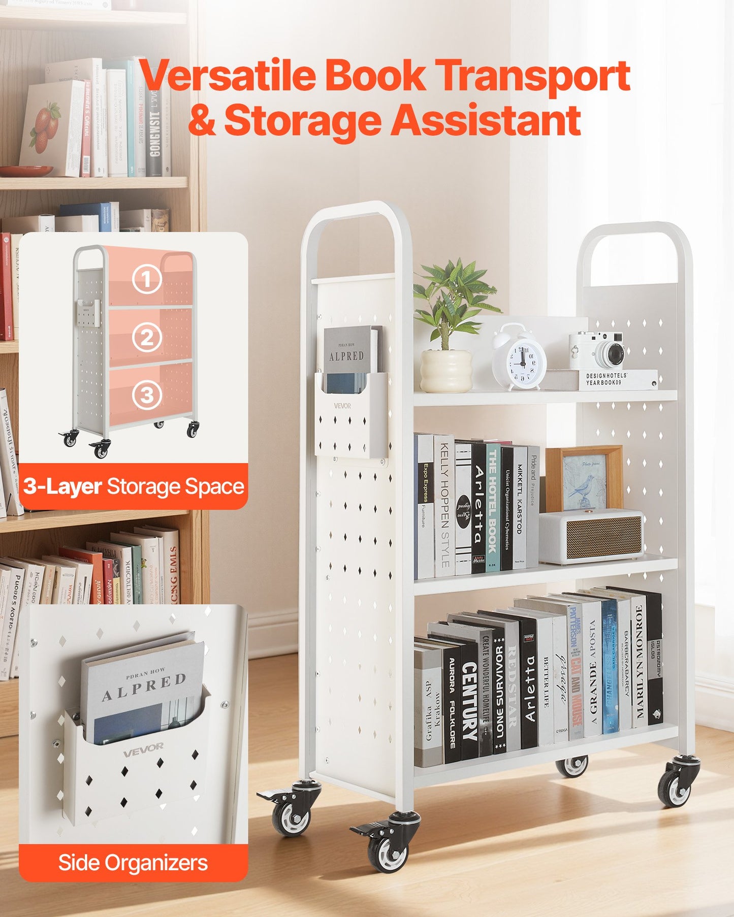 White 3-Tier Rolling Book Cart with Locking Casters - Heavy Duty Storage