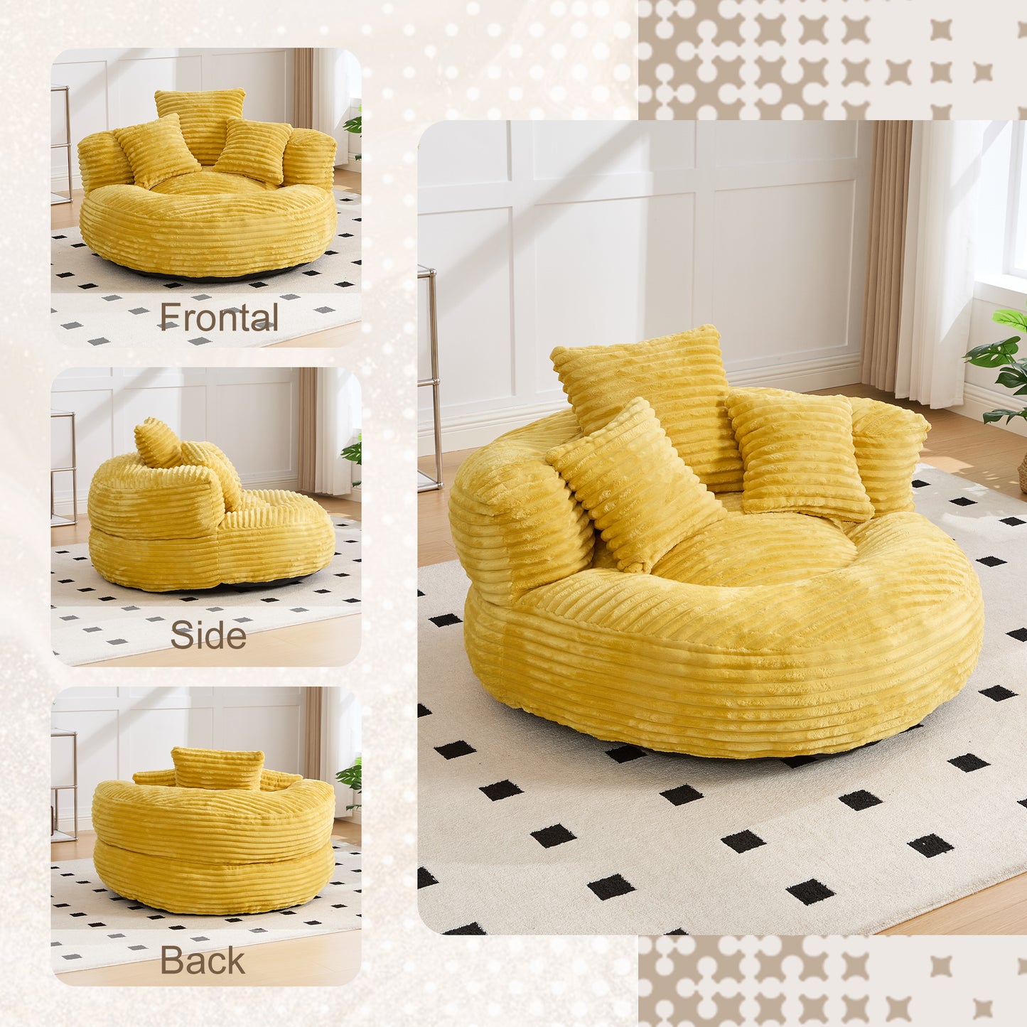 Oversized Corduroy Bean Bag Chair with 3 Pillows - Mustard Yellow